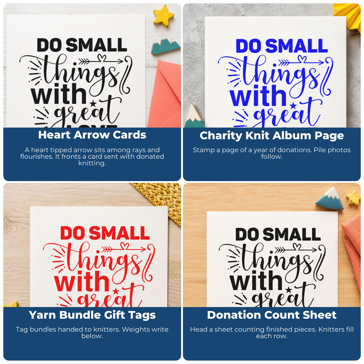 Four ways to use the Do Small Things With Great Love Pre-Inked Stamp – Slim: heart arrow cards, charity knit album page, yarn bundle gift tags and donation count sheet.