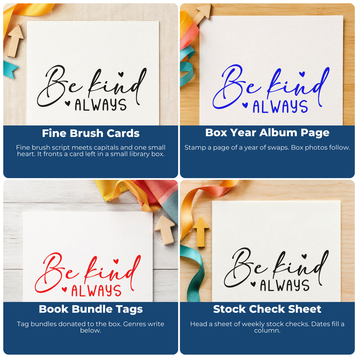 Four ways to use the Be Kind Always Heart Rubber Stamp – Wood Handle: fine brush cards, box year album page, book bundle tags and stock check sheet.