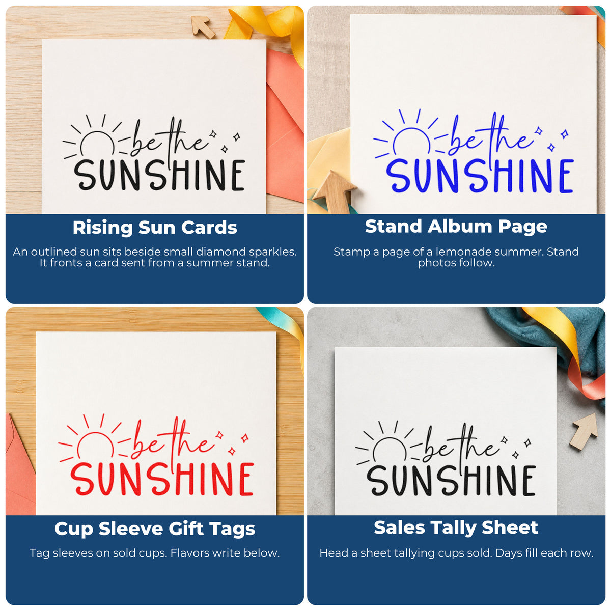 Four ways to use the Slim Pre-Inked Be The Sunshine Sunrise With Sparkles Stamp: rising sun cards, stand album page, cup sleeve gift tags and sales tally sheet.