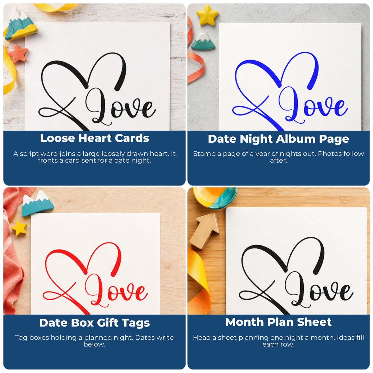 Four ways to use the Self-Inking Love Heart Line Art Stamp: loose heart cards, date night album page, date box gift tags and month plan sheet.