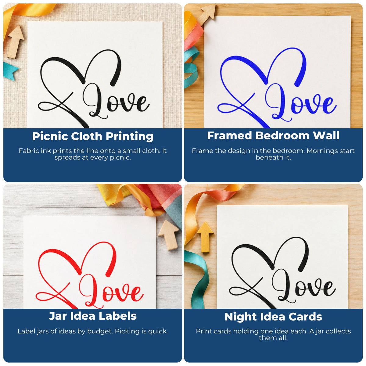 Four ways to use the Self-Inking Love Heart Line Art Stamp: picnic cloth printing, framed bedroom wall, jar idea labels and night idea cards.