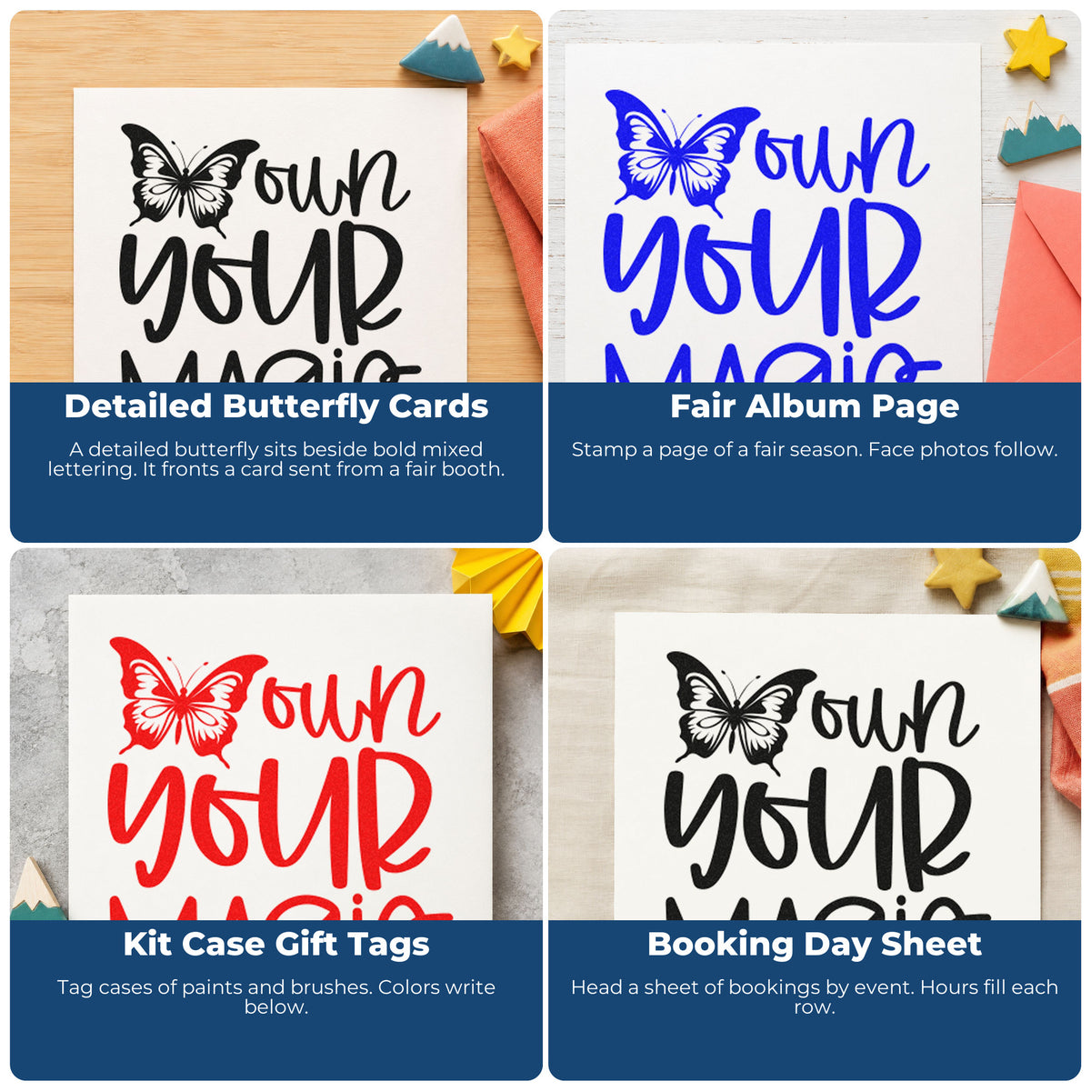 Four ways to use the Own Your Magic Butterfly Stamp – Self-Inking: detailed butterfly cards, fair album page, kit case gift tags and booking day sheet.