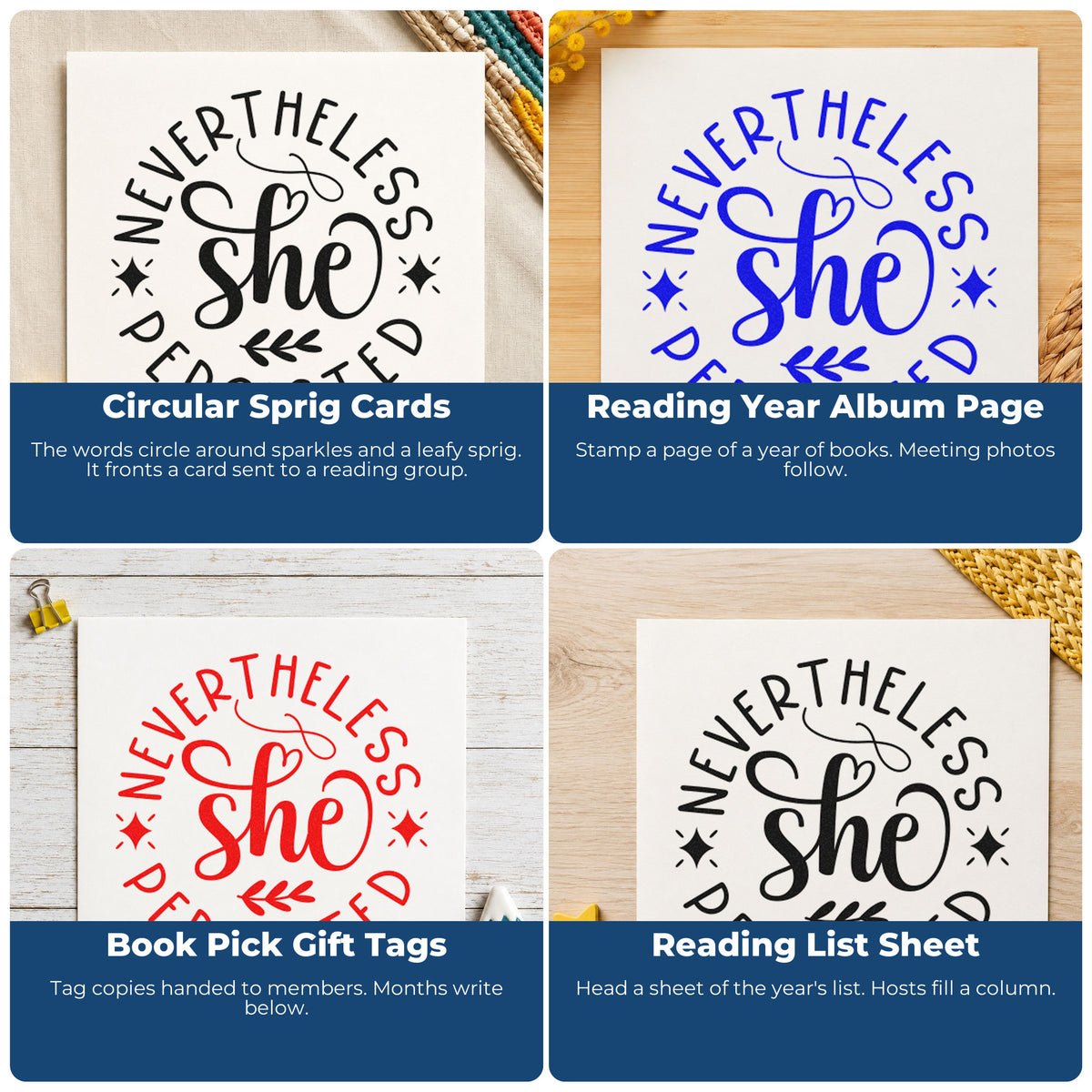 Four ways to use the Nevertheless She Persisted Slim Pre-Inked Stamp: circular sprig cards, reading year album page, book pick gift tags and reading list sheet.