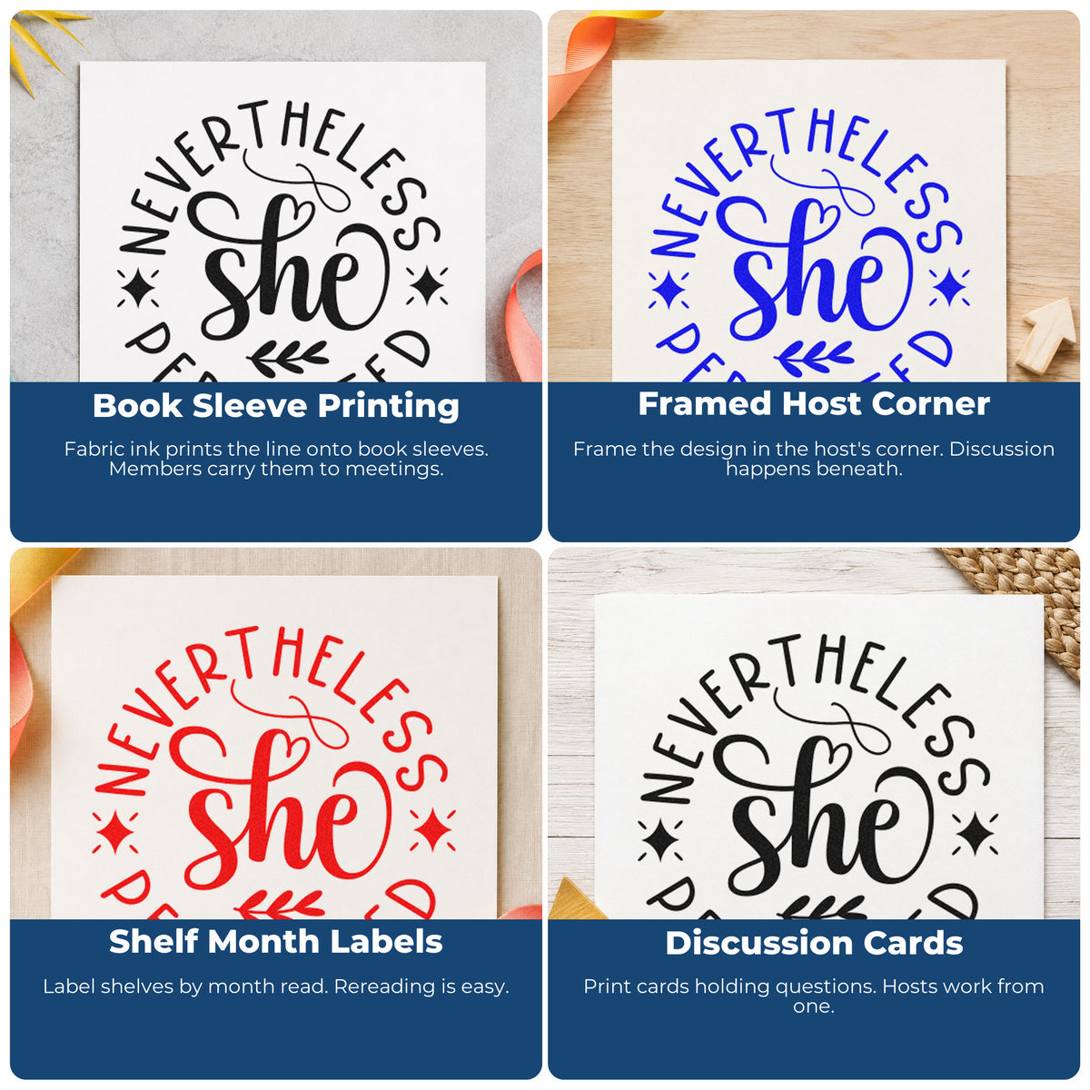 Four ways to use the Premium Wooden Nevertheless She Persisted Stamp - Vintage Pro: book sleeve printing, framed host corner, shelf month labels and discussion cards.