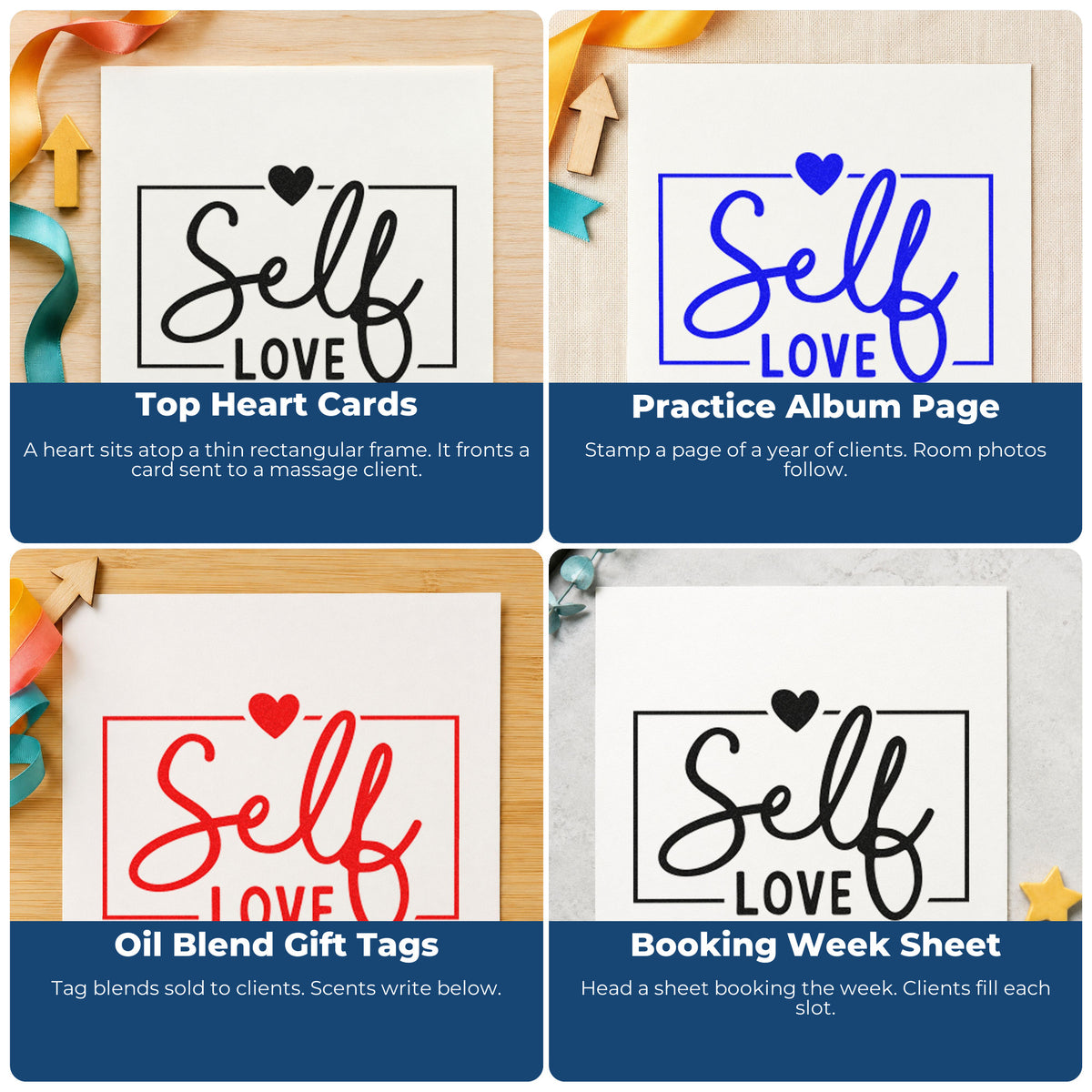 Four ways to use the Heart Frame Self Love Lettering Rubber Stamp – Wood Handle: top heart cards, practice album page, oil blend gift tags and booking week sheet.