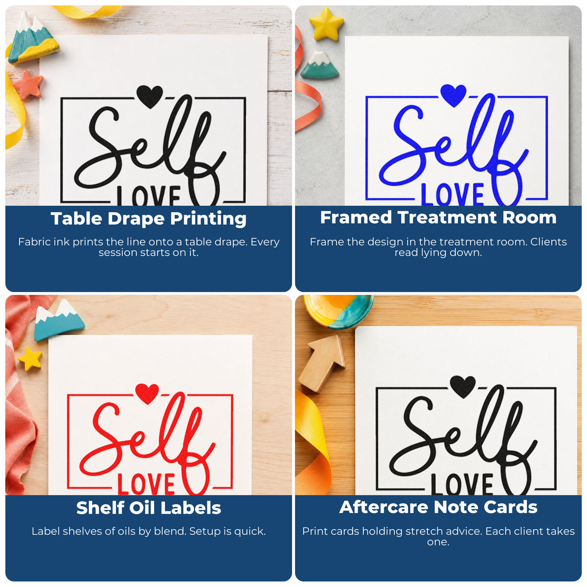 Four ways to use the Heart Frame Self Love Lettering Hand Stamp – Duo: table drape printing, framed treatment room, shelf oil labels and aftercare note cards.