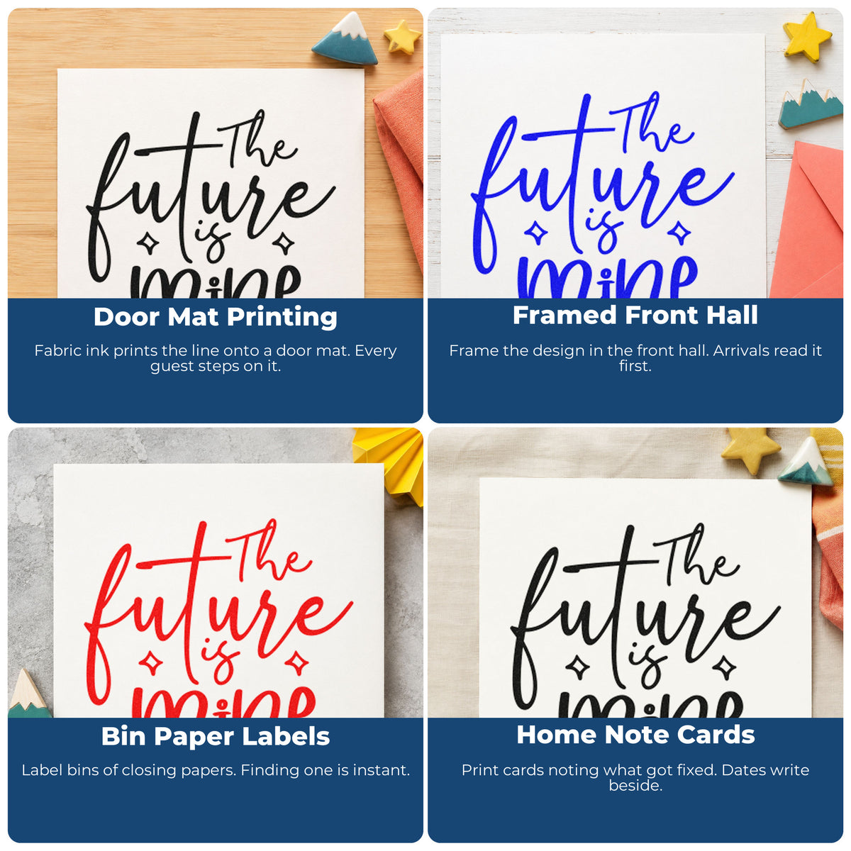 Four ways to use the The Future Is Mine With Sparkles Pre-Inked Stamp – PSI: door mat printing, framed front hall, bin paper labels and home note cards.