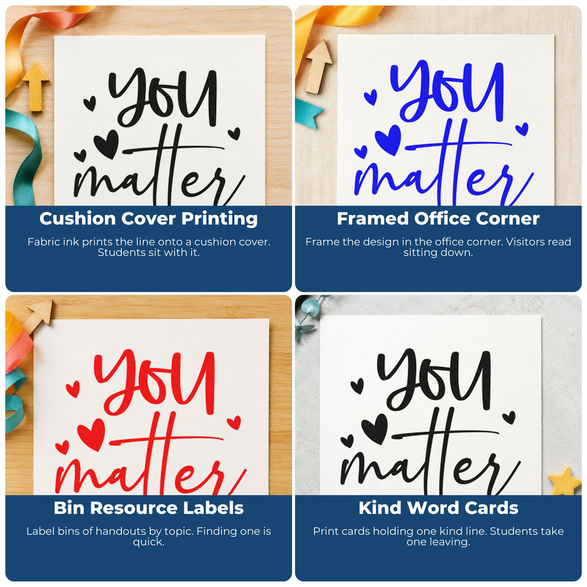 Four ways to use the You Matter Scattered Hearts Script Lettering Stamp – Wood Handle: cushion cover printing, framed office corner, bin resource labels and kind word cards.