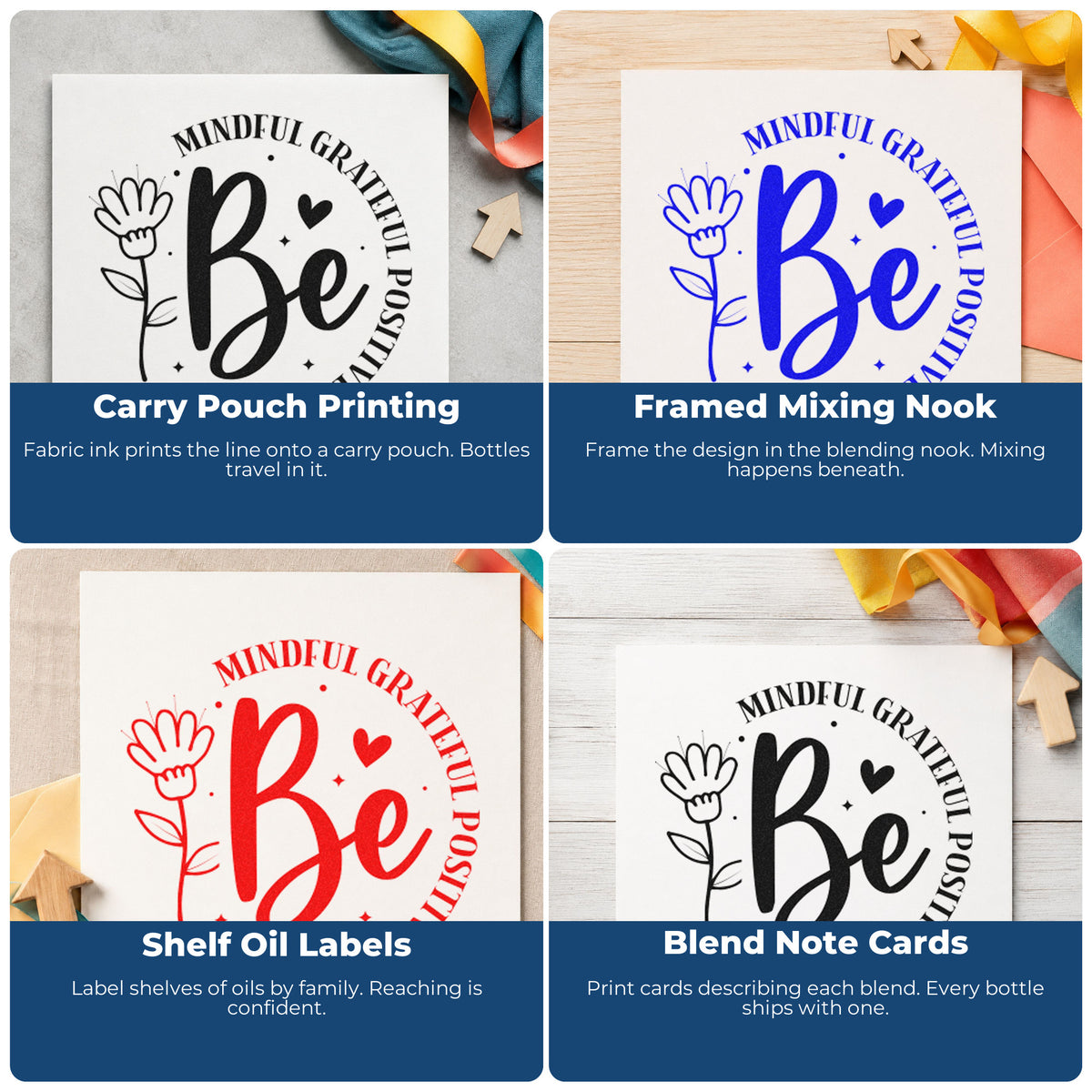 Four ways to use the Be Mindful Grateful Positive Rubber Stamp – Wood Handle: carry pouch printing, framed mixing nook, shelf oil labels and blend note cards.