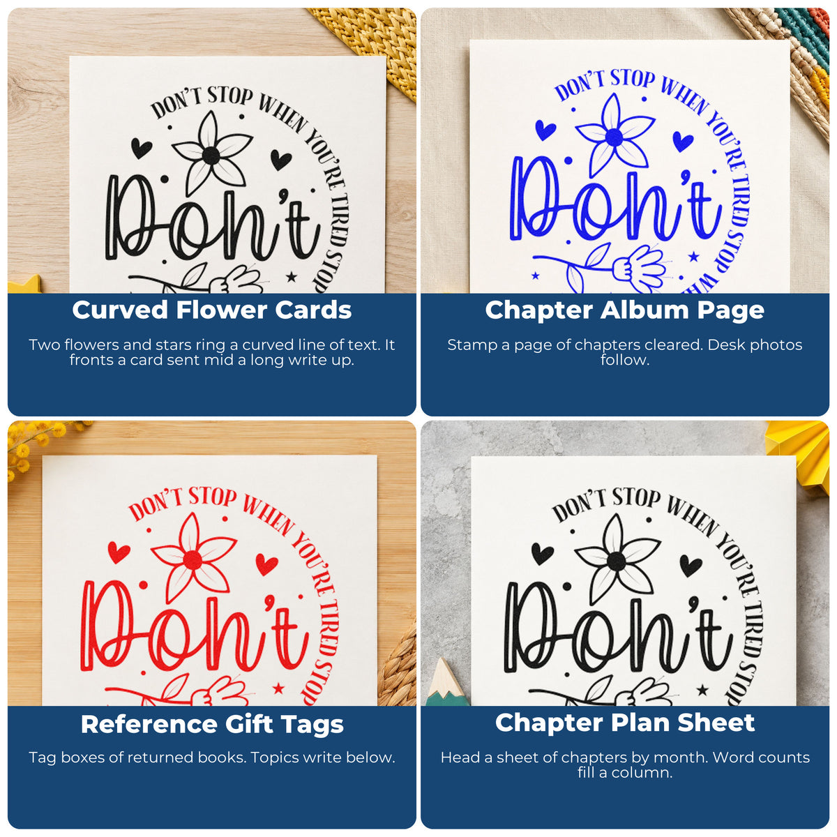 Four ways to use the Two Flowers With Don't Stop Lettering Pre-Inked Stamp – PSI: curved flower cards, chapter album page, reference gift tags and chapter plan sheet.