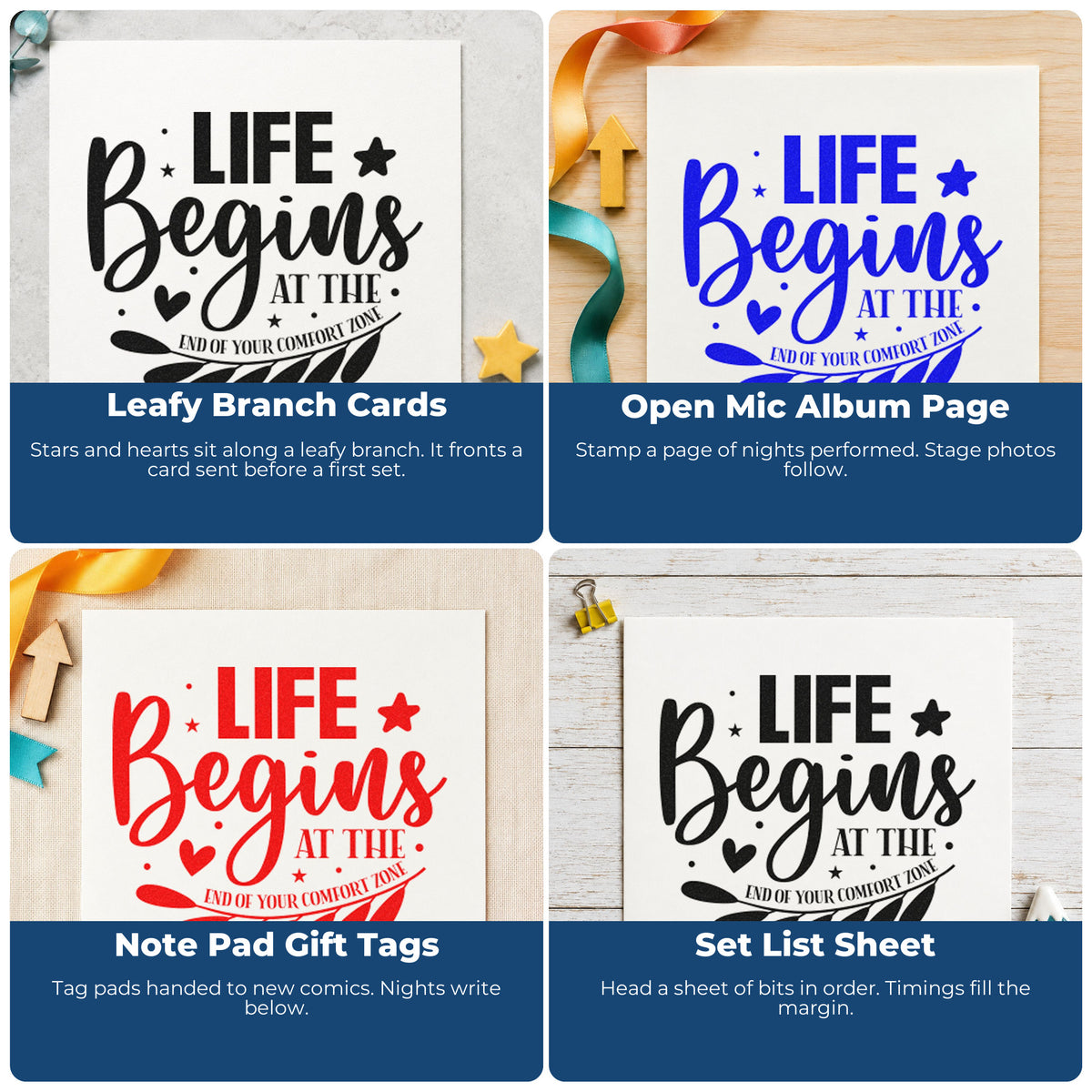 Four ways to use the Life Begins At The End Of Your Comfort Zone Wood-Mounted Rubber Stamp: leafy branch cards, open mic album page, note pad gift tags and set list sheet.