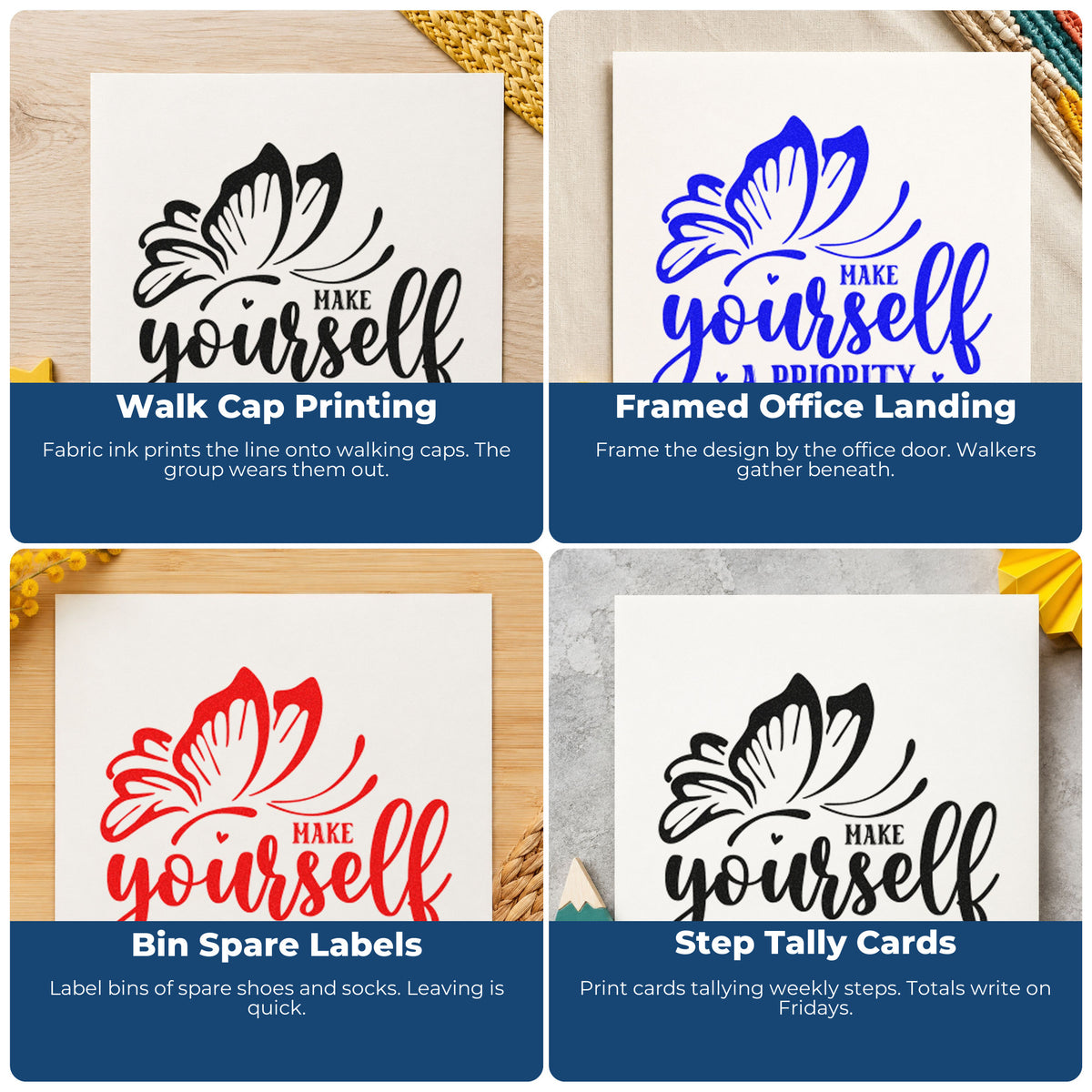 Four ways to use the Make Yourself A Priority Butterfly Pre-Inked Stamp – Slim: walk cap printing, framed office landing, bin spare labels and step tally cards.