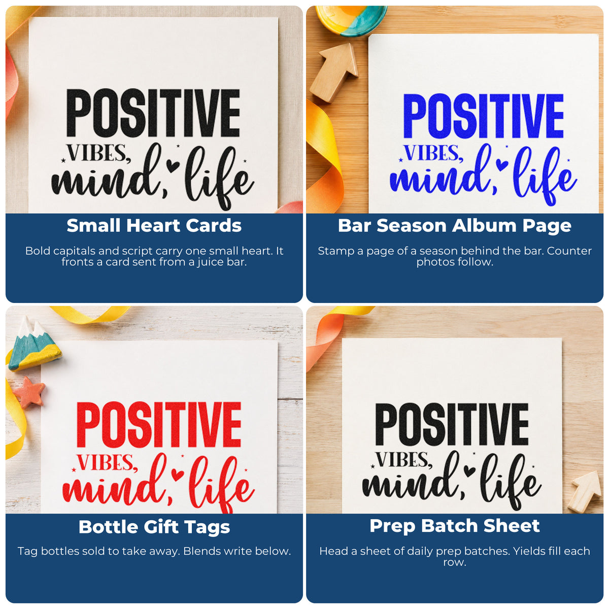 Four ways to use the Positive Vibes, Mind, Life With Hearts Self-Inking Stamp: small heart cards, bar season album page, bottle gift tags and prep batch sheet.