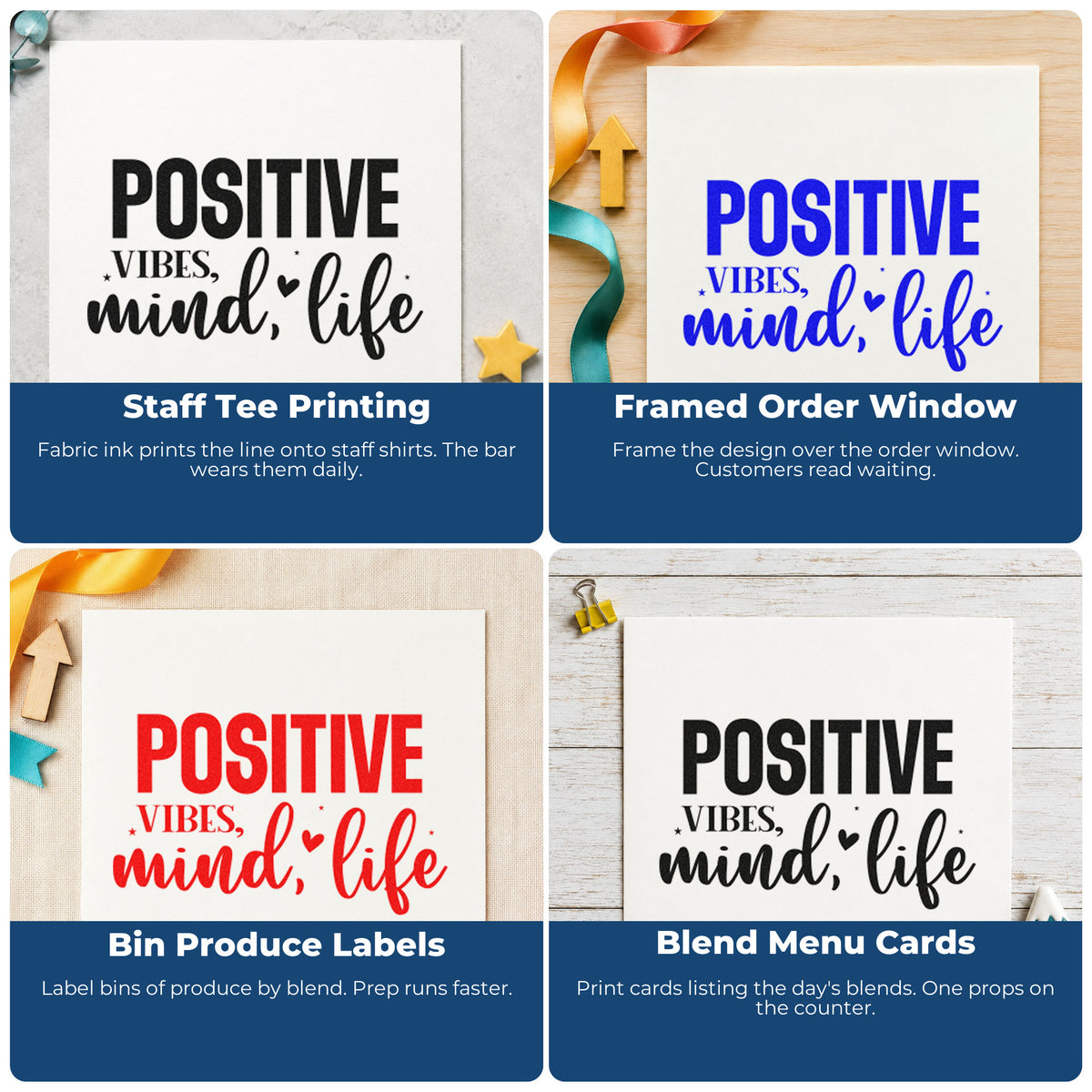 Four ways to use the Positive Vibes, Mind, Life With Hearts Slim Pre-Inked Stamp: staff tee printing, framed order window, bin produce labels and blend menu cards.