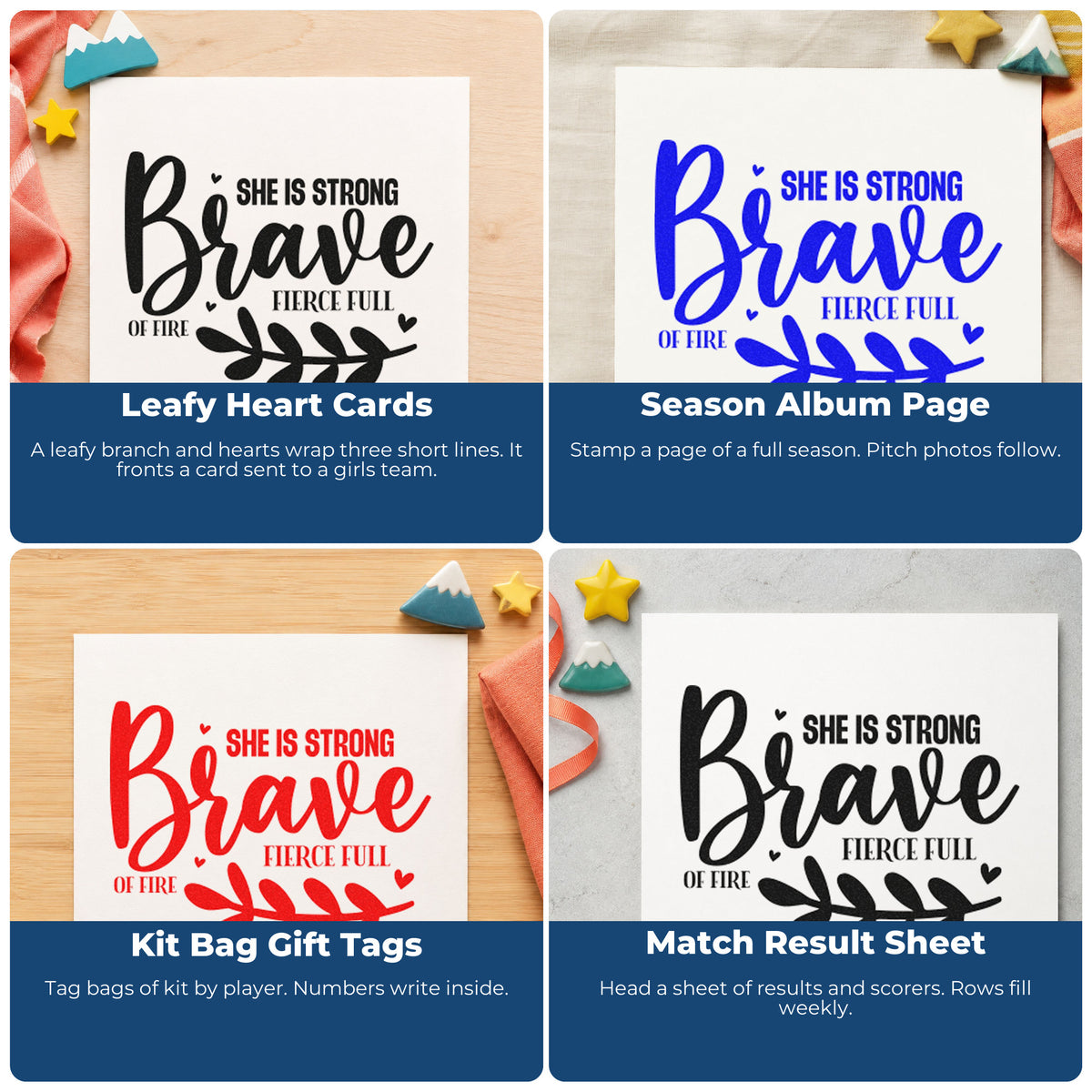 Four ways to use the Be Brave Strong Fierce Fire PSI Pre-Inked Stamp: leafy heart cards, season album page, kit bag gift tags and match result sheet.