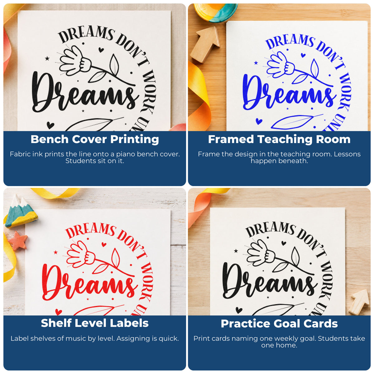 Four ways to use the Dreams Don't Work Floral Circle Hand Stamp – Duo: bench cover printing, framed teaching room, shelf level labels and practice goal cards.