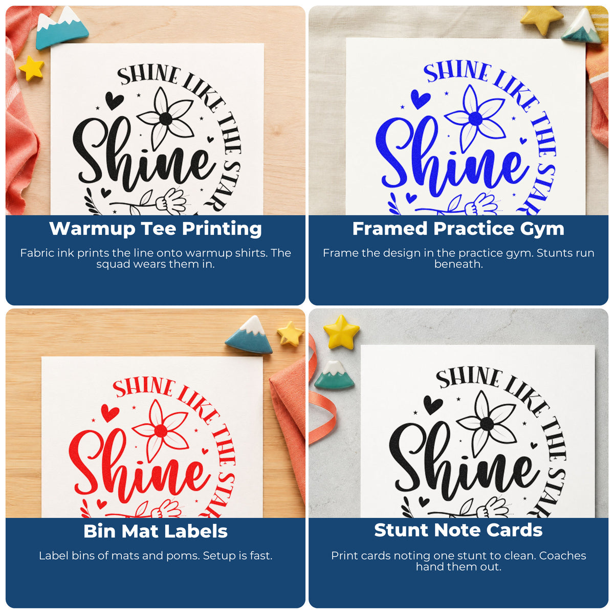 Four ways to use the Floral Shine Like The Star You Are Compact Pre-Inked Stamp – Slim: warmup tee printing, framed practice gym, bin mat labels and stunt note cards.