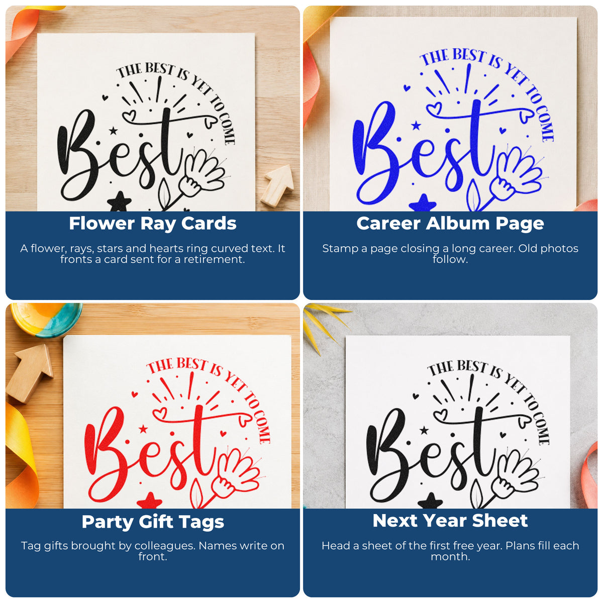 Four ways to use the The Best Is Yet To Come Hand Stamp – Duo: flower ray cards, career album page, party gift tags and next year sheet.