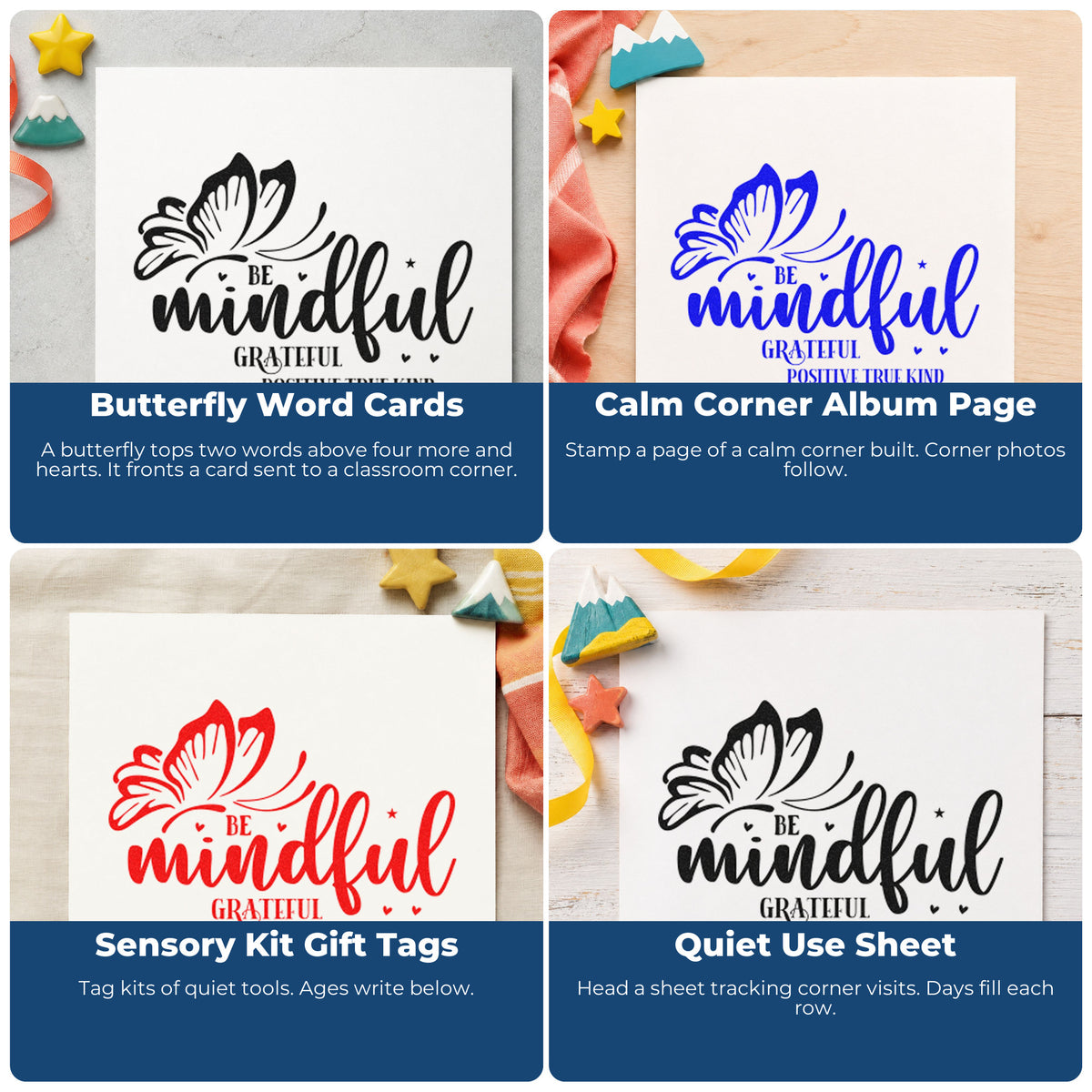 Four ways to use the Be Mindful Butterfly Gratitude Hand Stamp – Duo: butterfly word cards, calm corner album page, sensory kit gift tags and quiet use sheet.