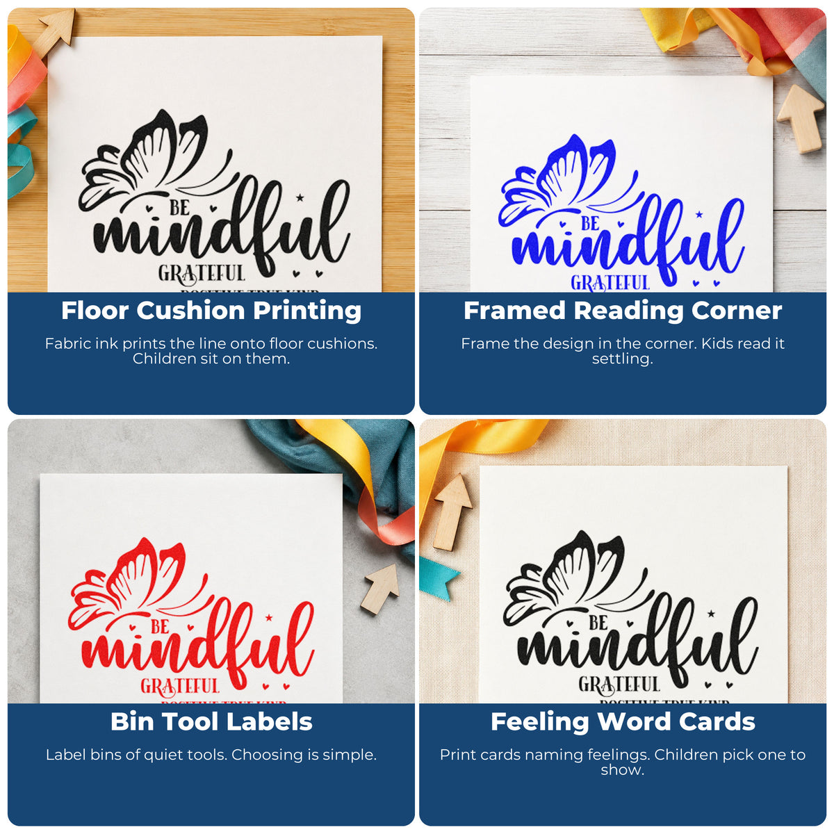 Four ways to use the Be Mindful Butterfly Gratitude Hand Stamp – Duo: floor cushion printing, framed reading corner, bin tool labels and feeling word cards.