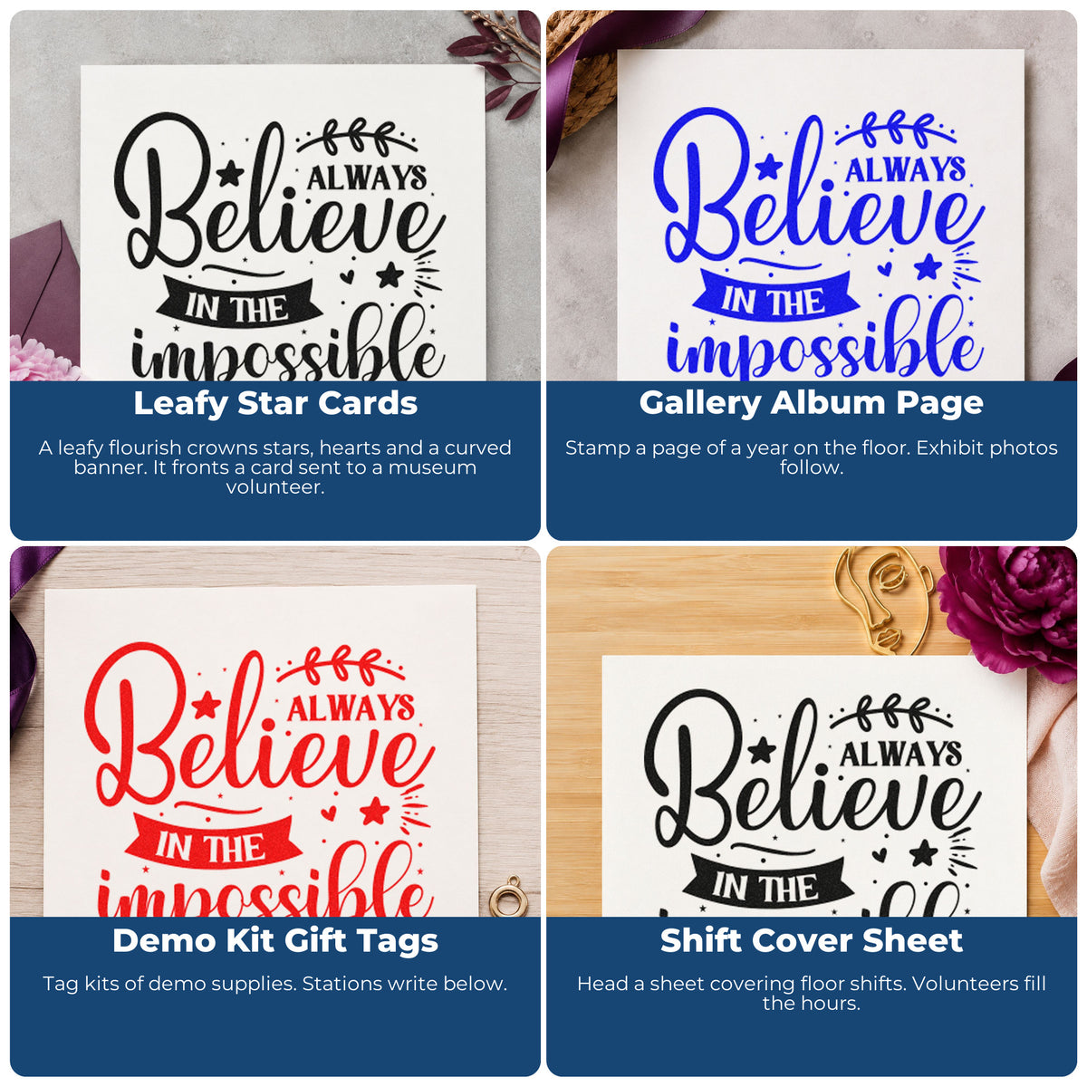 Four ways to use the Always Believe In The Impossible Rubber Stamp – Wood Handle: leafy star cards, gallery album page, demo kit gift tags and shift cover sheet.