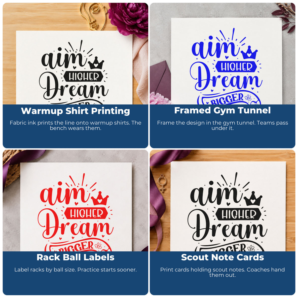 Four ways to use the Aim Higher Dream Bigger Crown With Hearts Self-Inking Craft Stamp: warmup shirt printing, framed gym tunnel, rack ball labels and scout note cards.