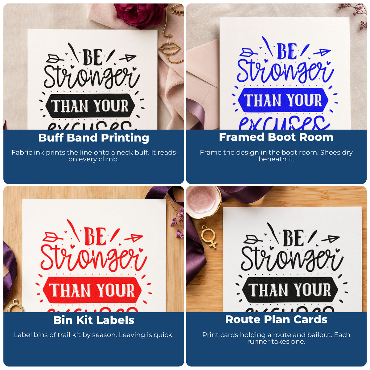 Four ways to use the Stronger Than Your Excuses Arrows Ribbon Lettering Stamp - Premium Vintage Pro Wooden: buff band printing, framed boot room, bin kit labels and route plan cards.