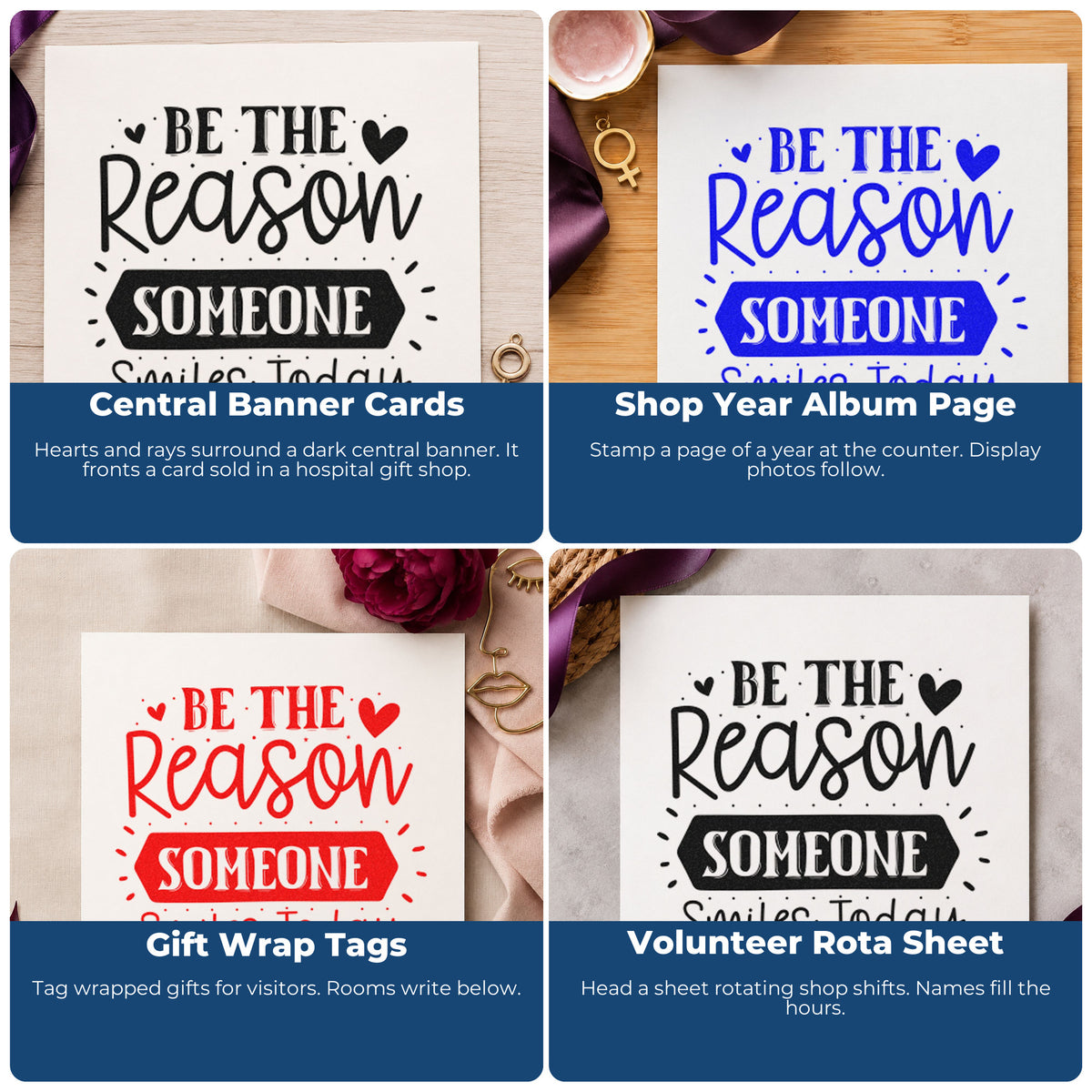 Four ways to use the Be Reason Someone Smiles Today Stamp – Slim Pre-Inked: central banner cards, shop year album page, gift wrap tags and volunteer rota sheet.