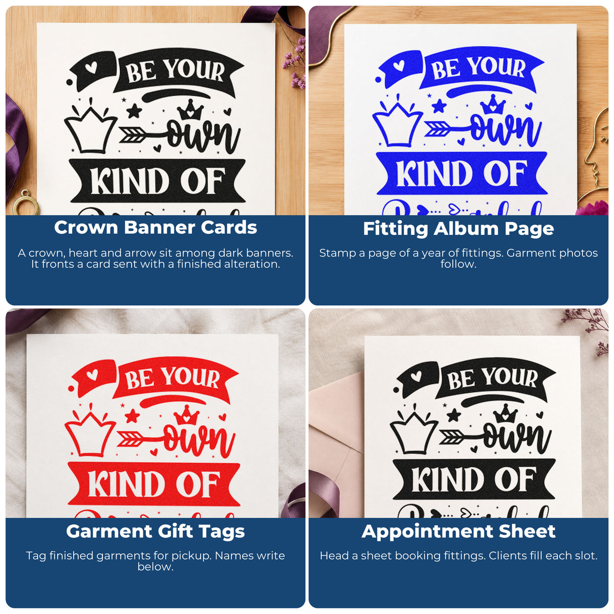 Four ways to use the Your Own Kind Of Beautiful Pre-Inked Stamp – PSI: crown banner cards, fitting album page, garment gift tags and appointment sheet.