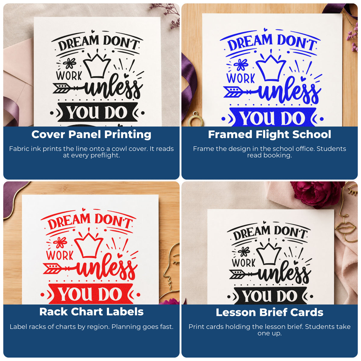Four ways to use the Dream Don't Work Unless You Do Floral Accents Craft Stamp – Self-Inking: cover panel printing, framed flight school, rack chart labels and lesson brief cards.