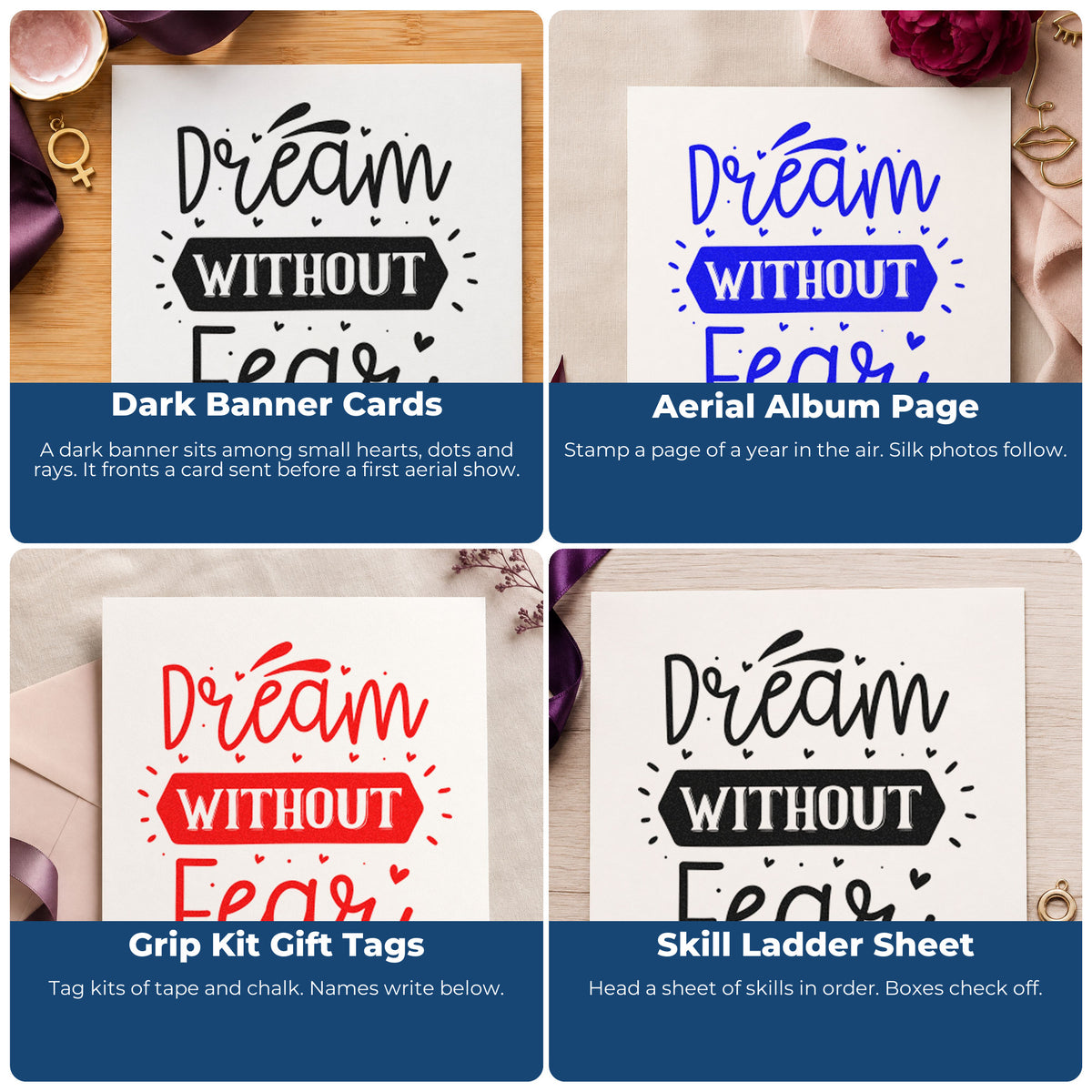 Four ways to use the Dream Without Fear With Hearts Compact Pre-Inked Stamp – Slim: dark banner cards, aerial album page, grip kit gift tags and skill ladder sheet.