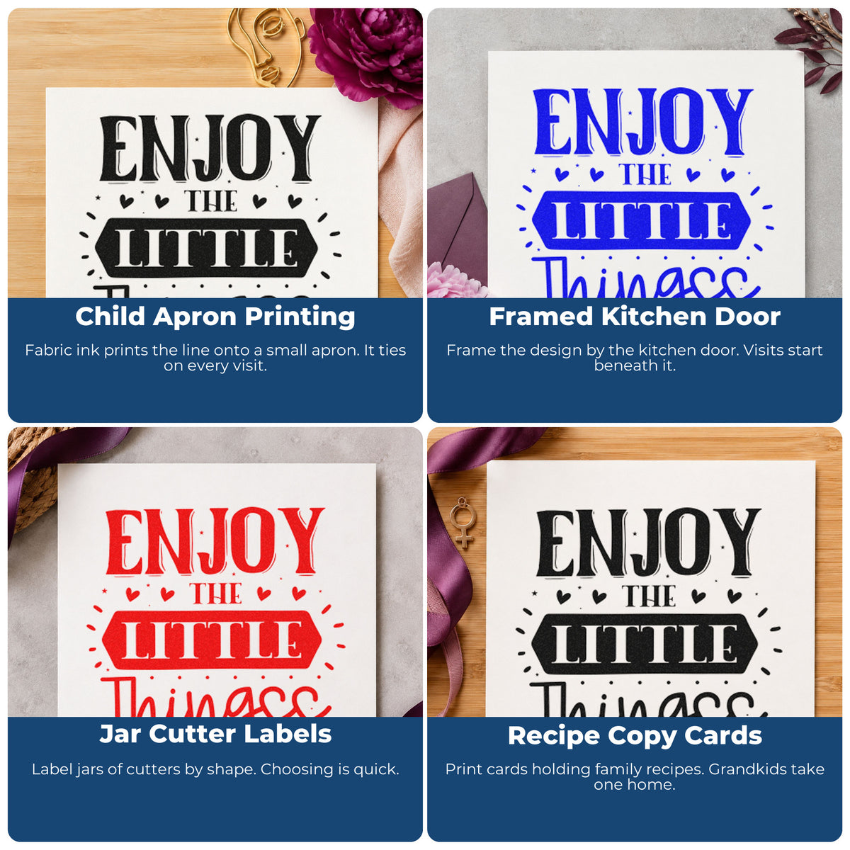 Four ways to use the Enjoy The Little Things Hearts Hand Stamp – Duo: child apron printing, framed kitchen door, jar cutter labels and recipe copy cards.