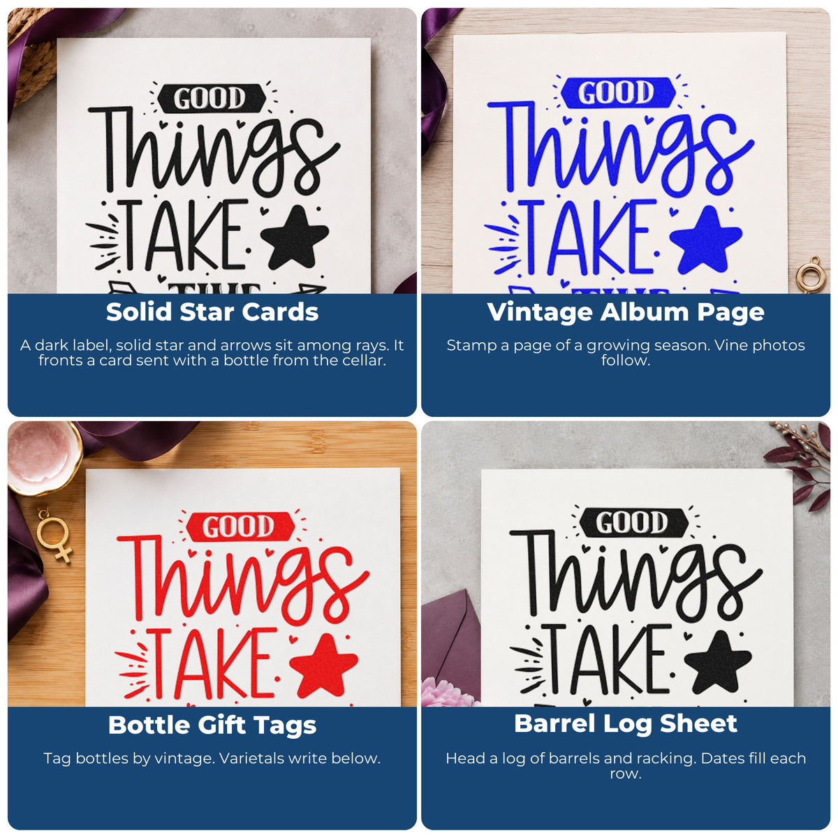 Four ways to use the Good Things Take Time Star Rubber Stamp – Duo Hand: solid star cards, vintage album page, bottle gift tags and barrel log sheet.