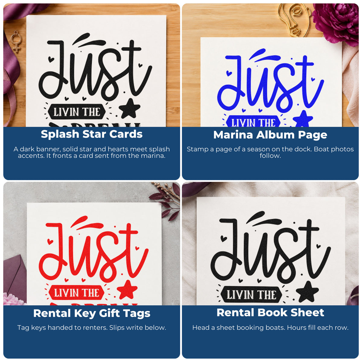 Four ways to use the Just Livin The Dream Star Rubber Stamp – Wood Handle: splash star cards, marina album page, rental key gift tags and rental book sheet.