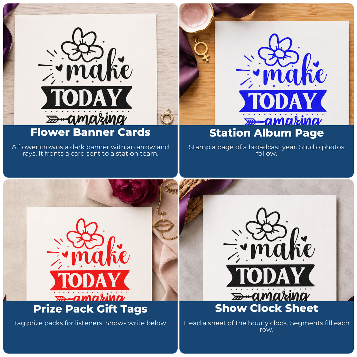 Four ways to use the Make Today Amazing Flower With Hearts Wood Handle Stamp: flower banner cards, station album page, prize pack gift tags and show clock sheet.