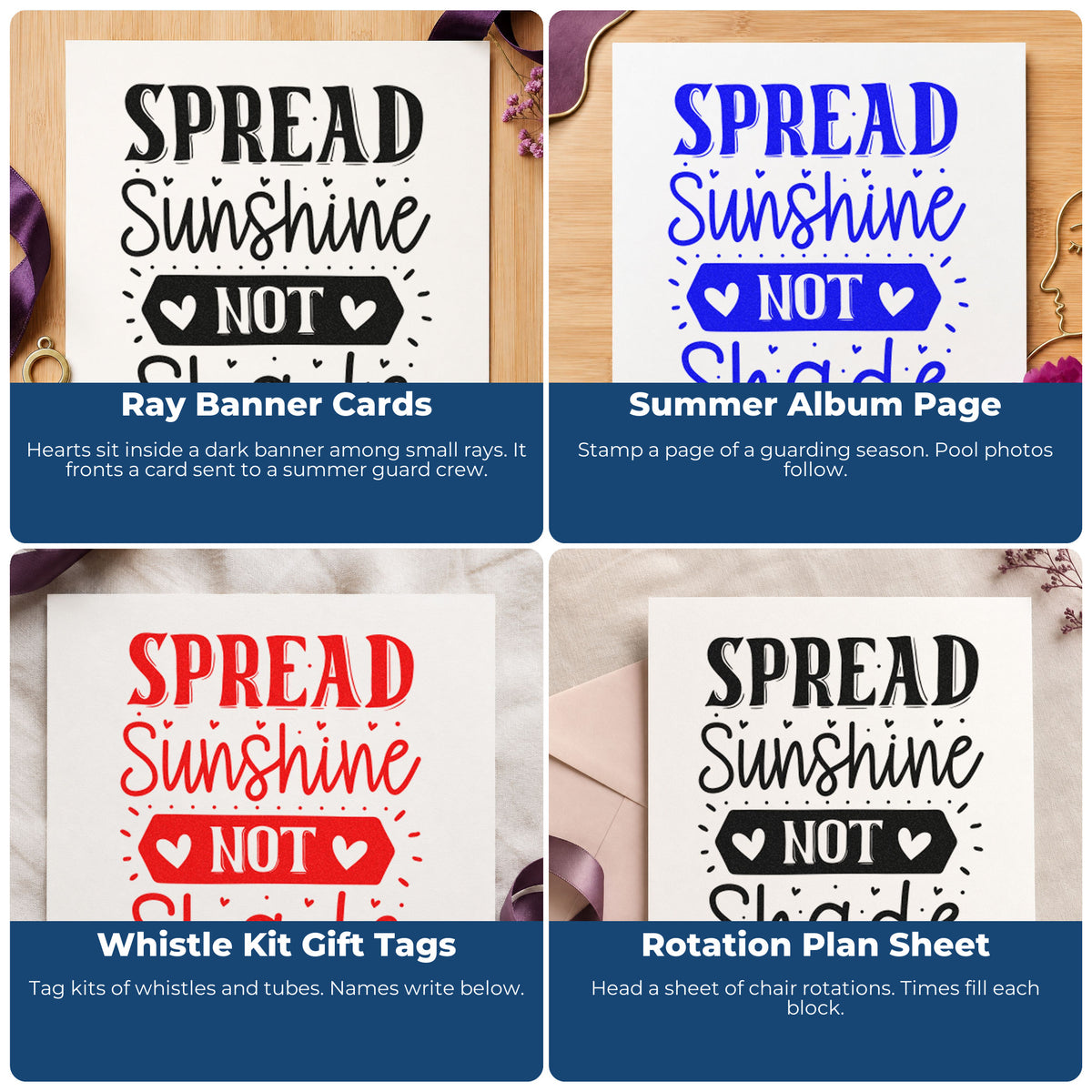 Four ways to use the Spread Sunshine Not Shade Hearts Craft Stamp – Self-Inking: ray banner cards, summer album page, whistle kit gift tags and rotation plan sheet.