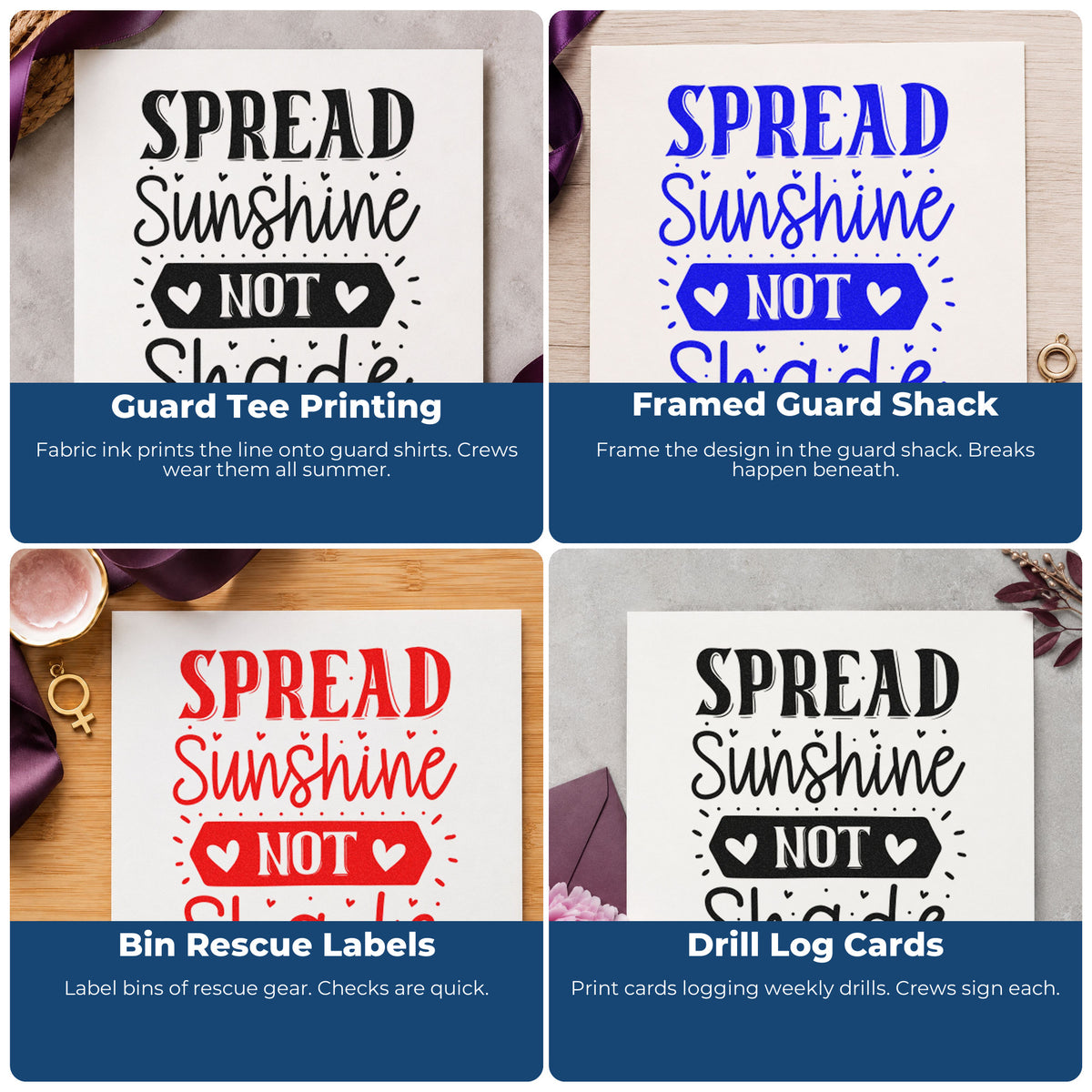 Four ways to use the Spread Sunshine Not Shade Hearts Hand Stamp – Duo: guard tee printing, framed guard shack, bin rescue labels and drill log cards.