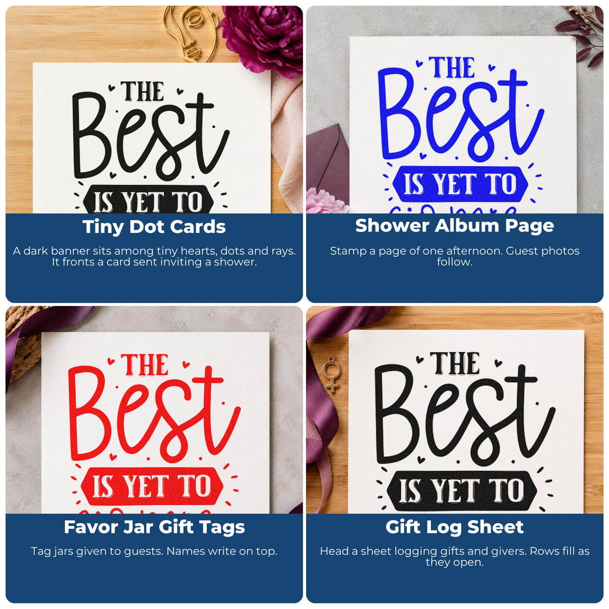 Four ways to use the The Best Is Yet To Come With Hearts Self-Inking Stamp: tiny dot cards, shower album page, favor jar gift tags and gift log sheet.
