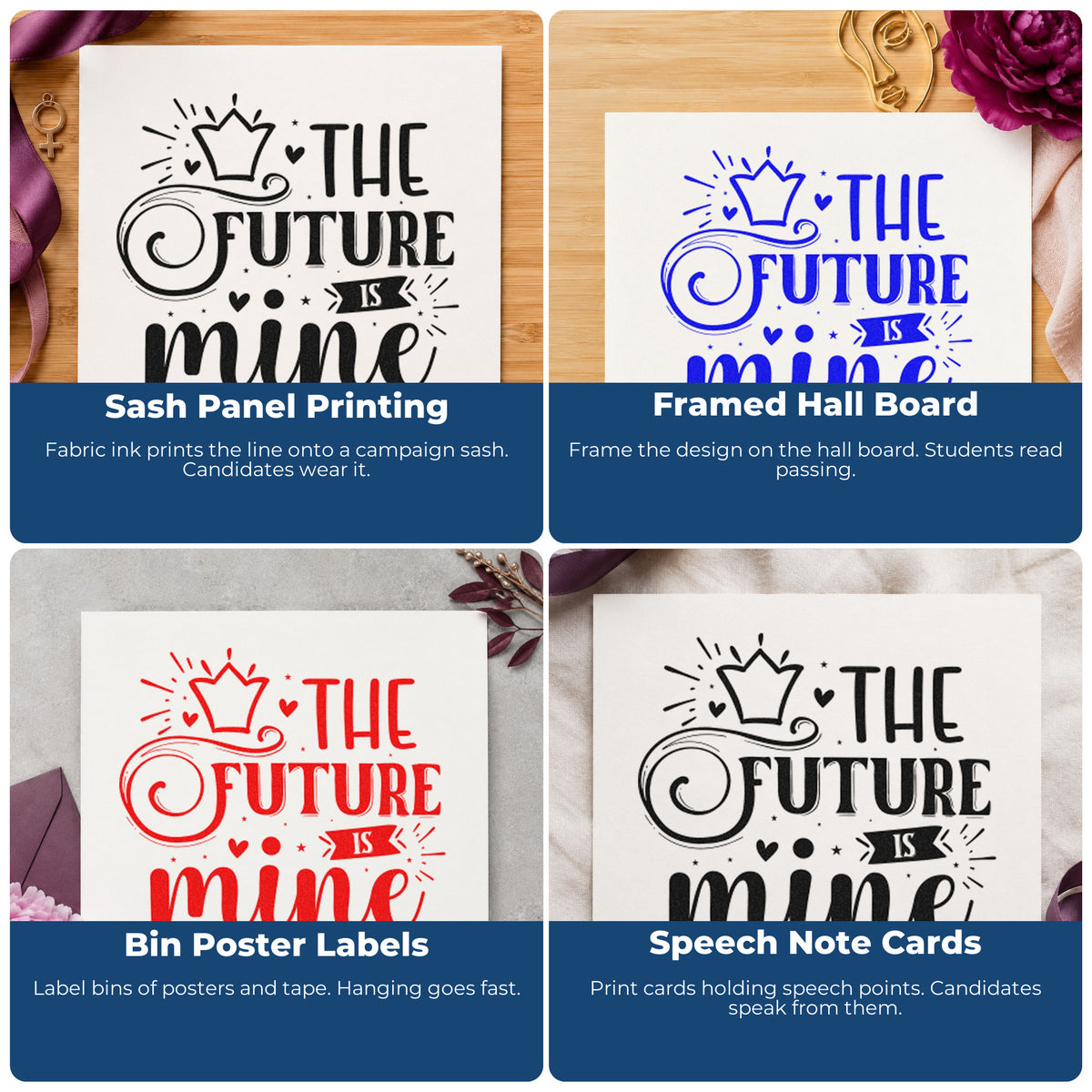 Four ways to use the The Future Is Mine Crown Rubber Stamp – Wood Handle: sash panel printing, framed hall board, bin poster labels and speech note cards.