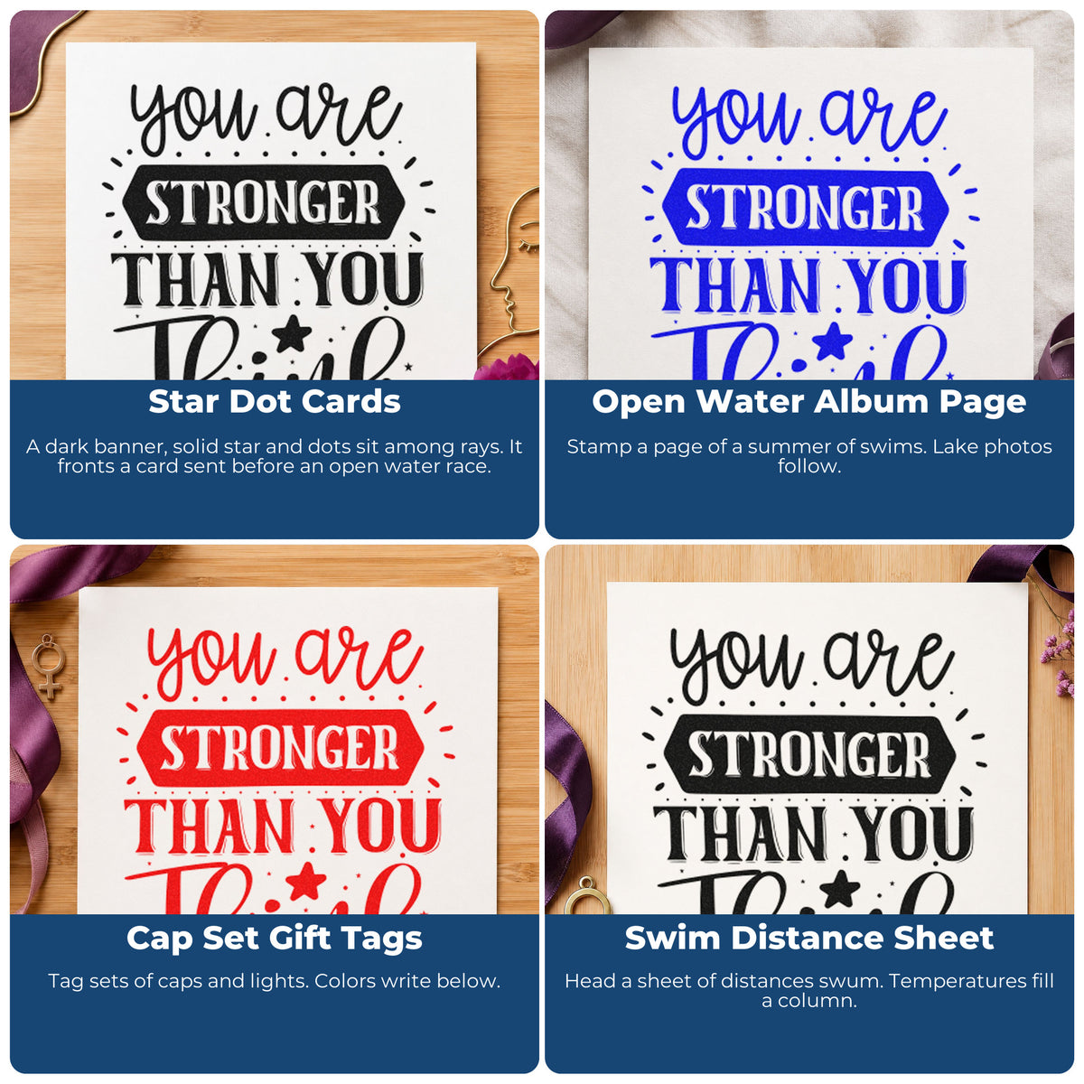 Four ways to use the You Are Stronger Than Think Wood Handle Stamp: star dot cards, open water album page, cap set gift tags and swim distance sheet.