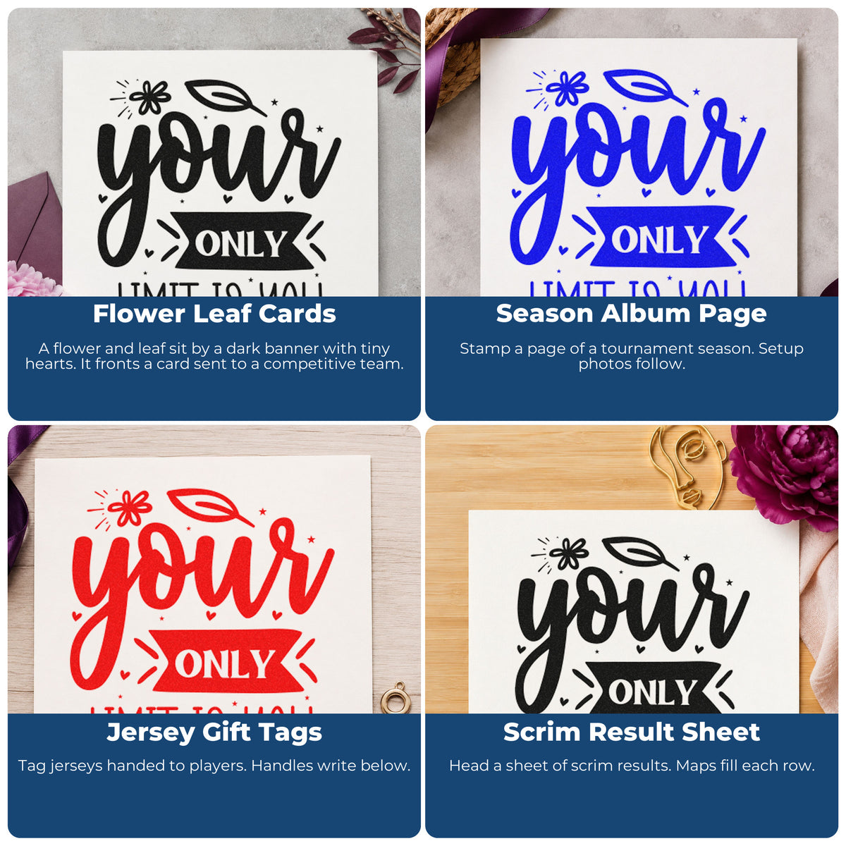 Four ways to use the Your Only Limit Is You Floral Accents Premium Wooden Stamp - Vintage Pro: flower leaf cards, season album page, jersey gift tags and scrim result sheet.