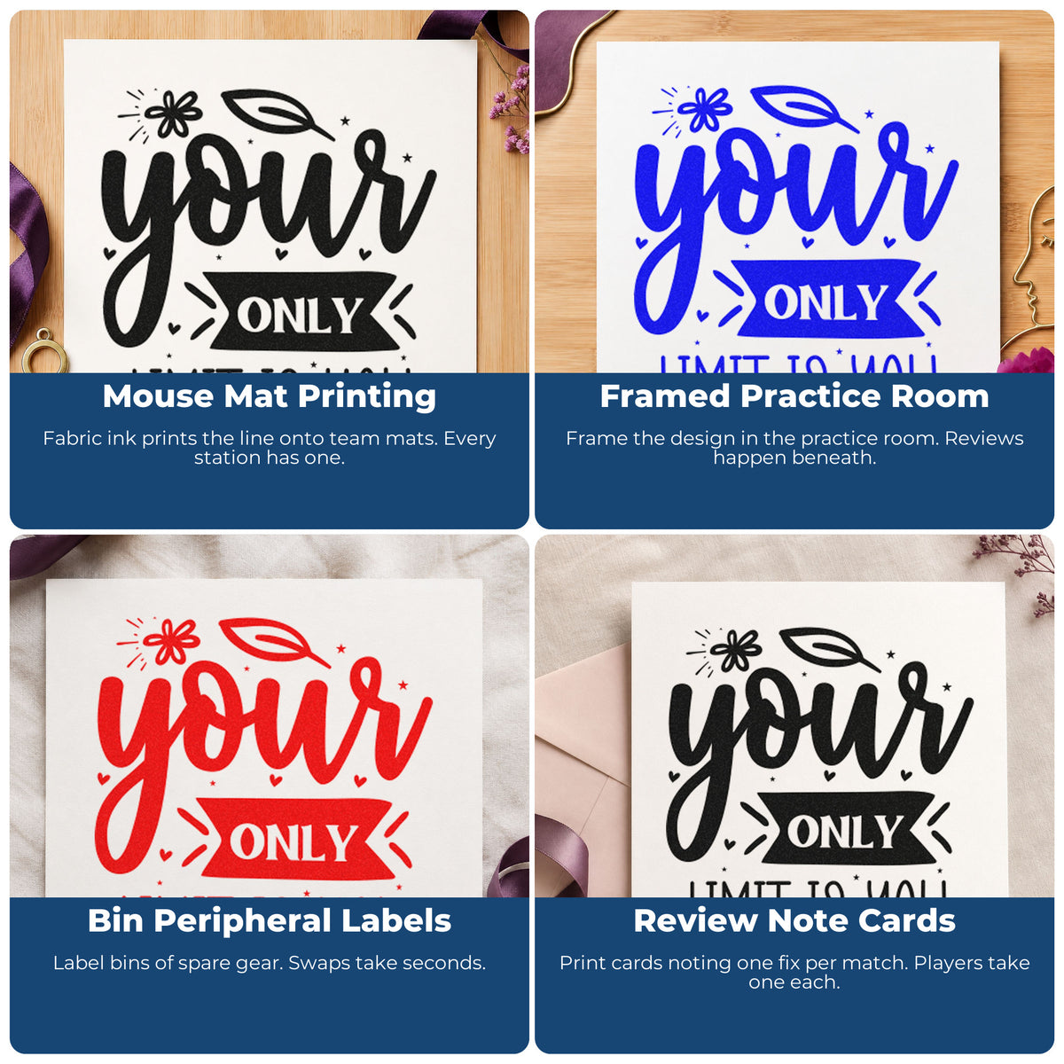 Four ways to use the Your Only Limit Is You Floral Accents PSI Pre-Inked Stamp: mouse mat printing, framed practice room, bin peripheral labels and review note cards.