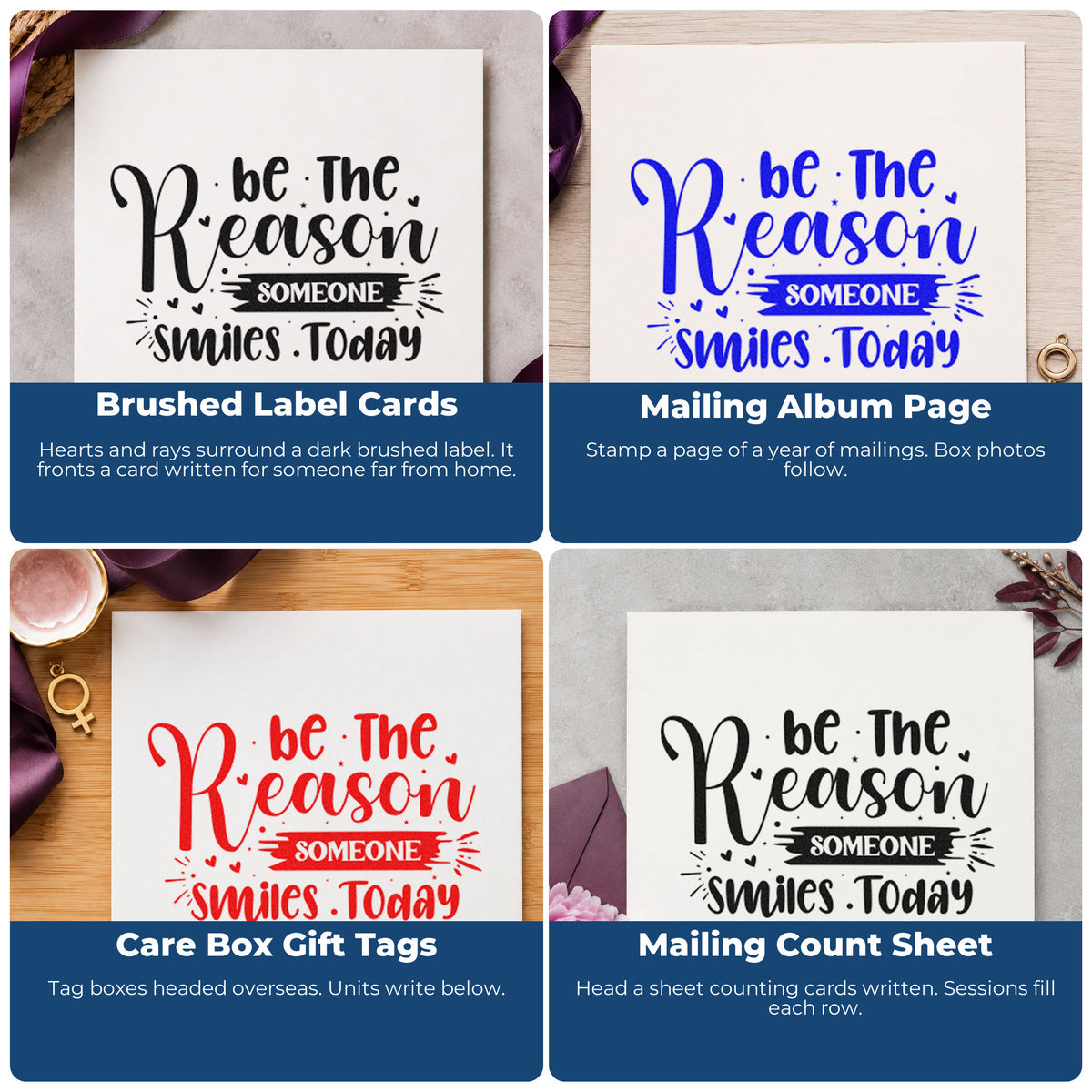 Four ways to use the Duo Hand Reason Someone Smiles Today Brush With Hearts Rubber Stamp: brushed label cards, mailing album page, care box gift tags and mailing count sheet.