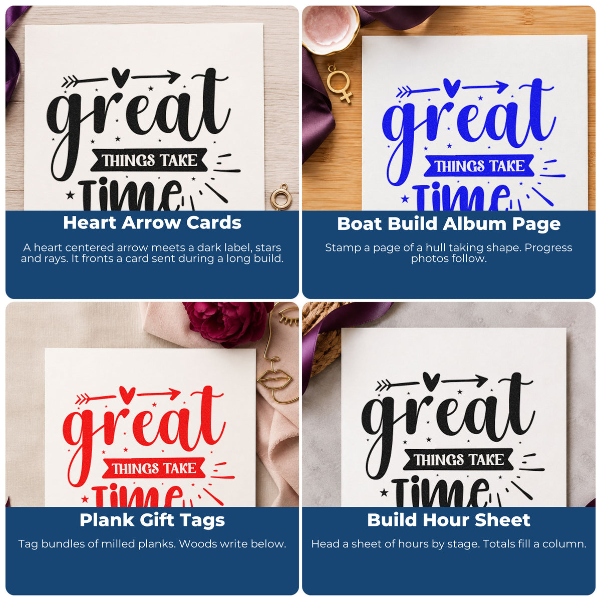 Four ways to use the Great Things Take Time Arrow Pre-Inked Stamp – Slim: heart arrow cards, boat build album page, plank gift tags and build hour sheet.