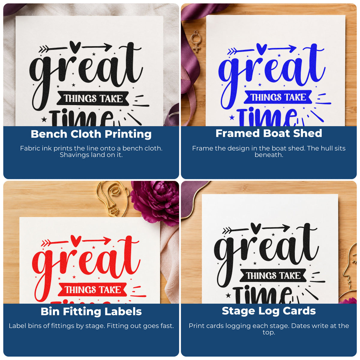 Four ways to use the Great Things Take Time Arrow Craft Stamp – Self-Inking: bench cloth printing, framed boat shed, bin fitting labels and stage log cards.