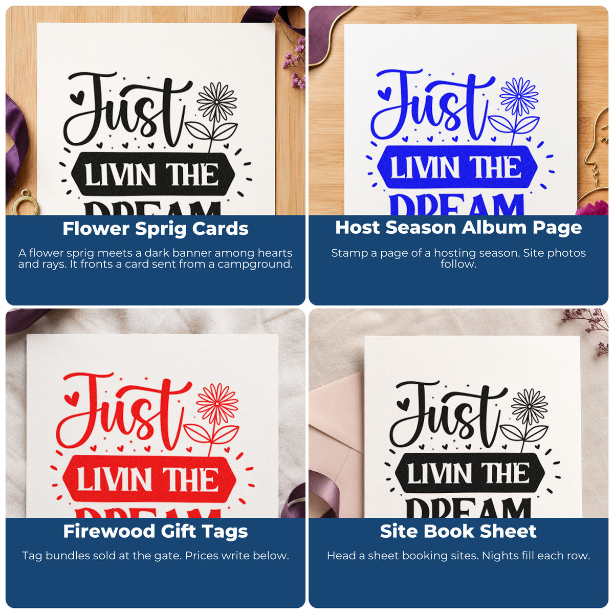 Four ways to use the Just Livin Dream Flower With Hearts Stamp – Wood Handle: flower sprig cards, host season album page, firewood gift tags and site book sheet.