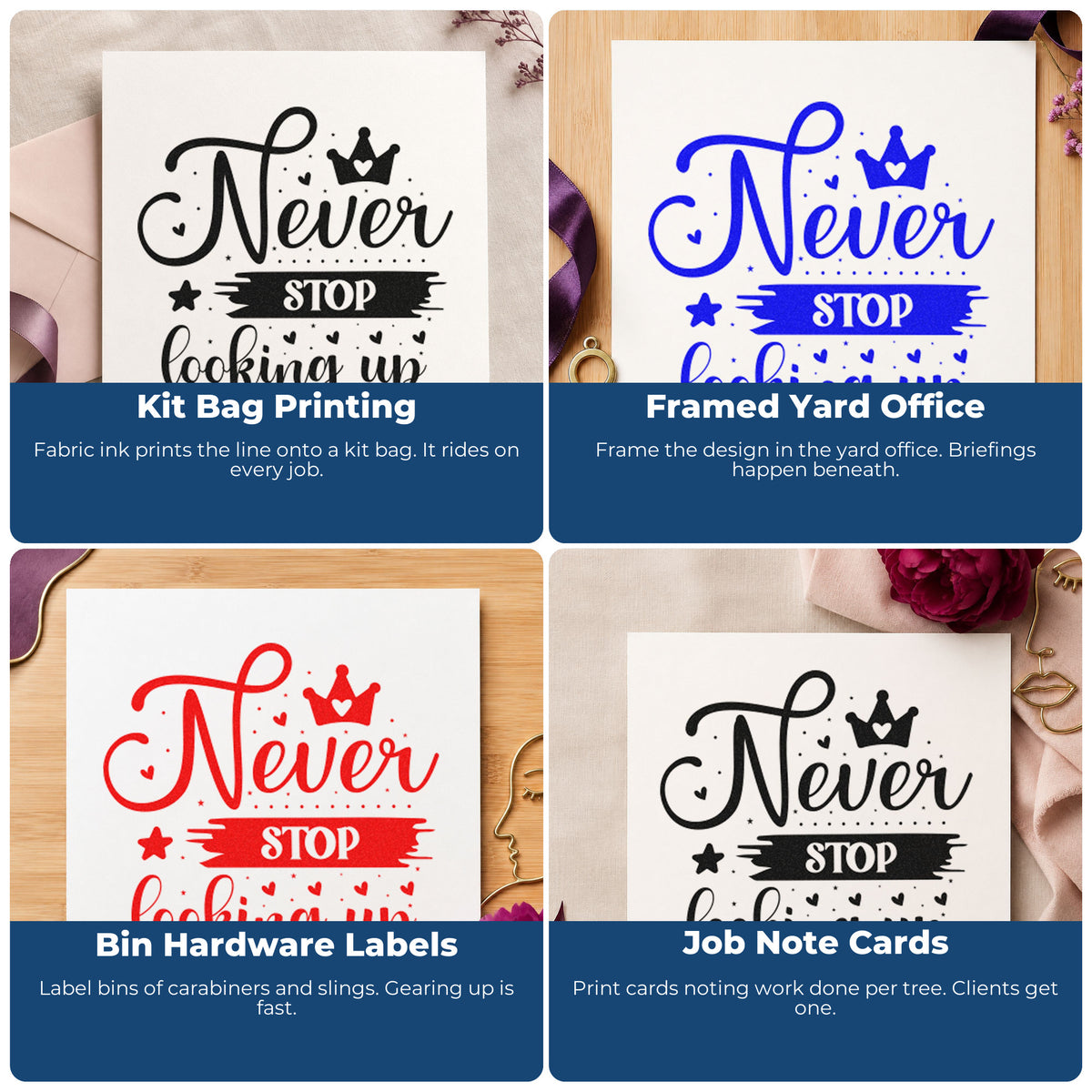 Four ways to use the Never Stop Looking Up Crown Duo Hand Stamp: kit bag printing, framed yard office, bin hardware labels and job note cards.