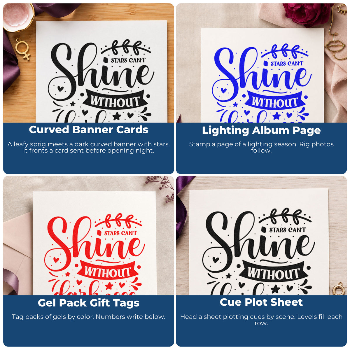 Four ways to use the Stars Can't Shine Without Darkness Botanical Sprig Self-Inking Craft Stamp: curved banner cards, lighting album page, gel pack gift tags and cue plot sheet.