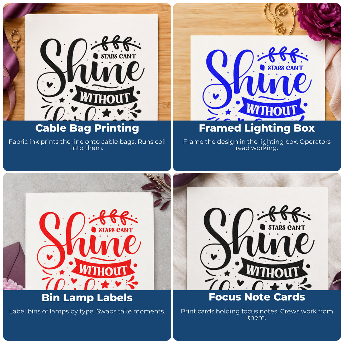Four ways to use the Slim Pre-Inked Stars Can't Shine Without Darkness Botanical Sprig Stamp: cable bag printing, framed lighting box, bin lamp labels and focus note cards.