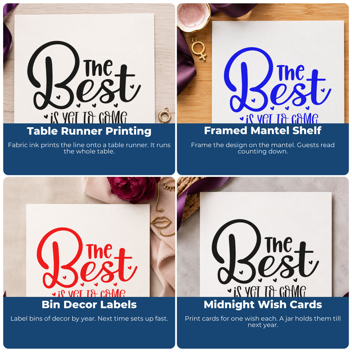 Four ways to use the The Best Is Yet To Come Heart Accents Premium Wood-Mounted Stamp - Vintage Pro: table runner printing, framed mantel shelf, bin decor labels and midnight wish cards.